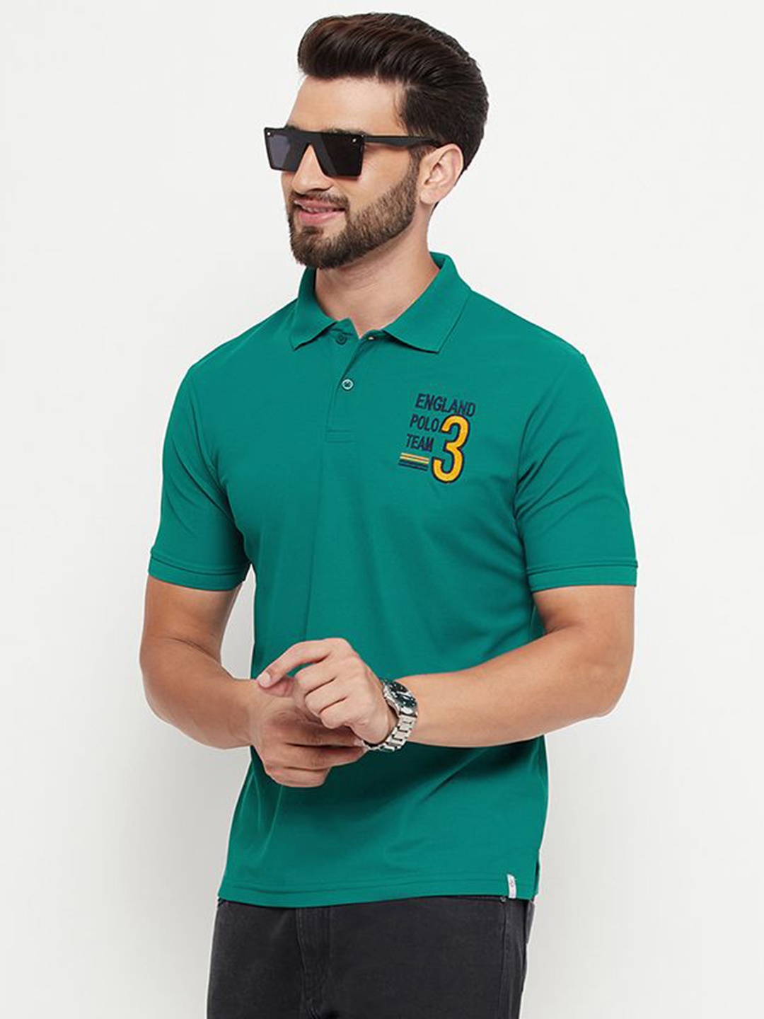 

RENUOVO Men Typography Printed Polo Collar Cotton T-shirt, Green