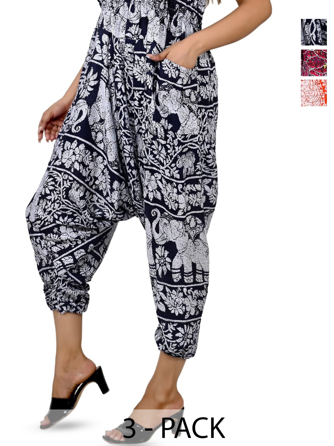 

NarNari Women Pack Of 3 Printed Mid-Rise Harem Pants, Red