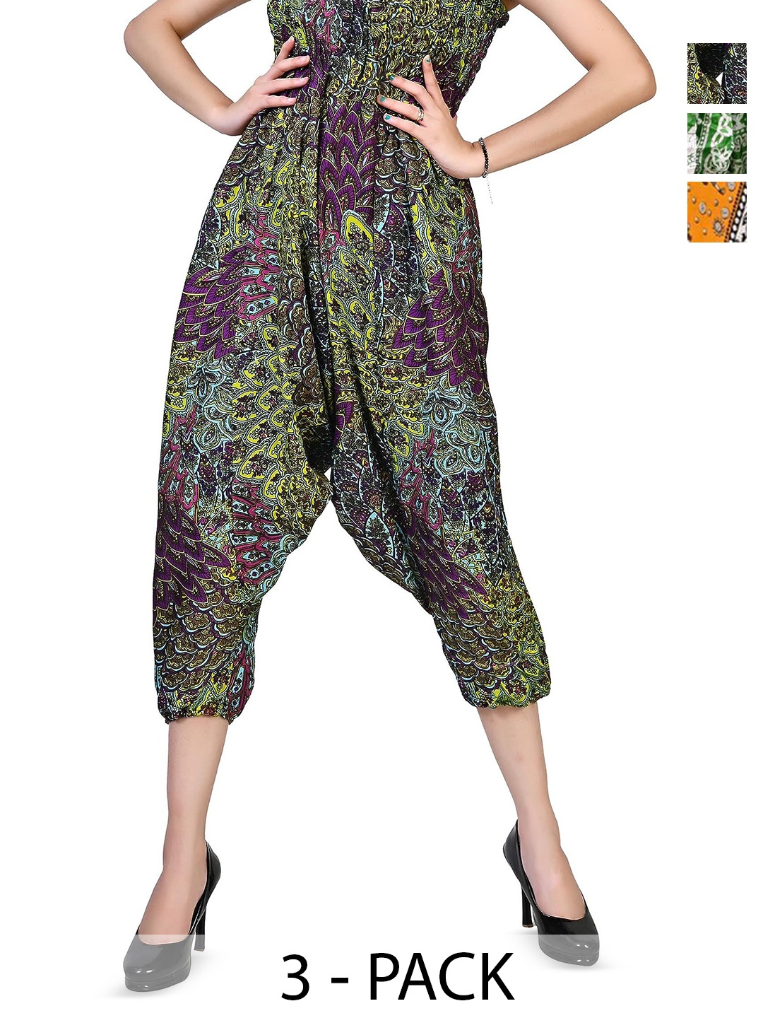 

NarNari Women Pack Of 3 Printed Loose Fit Harem Pants, Green