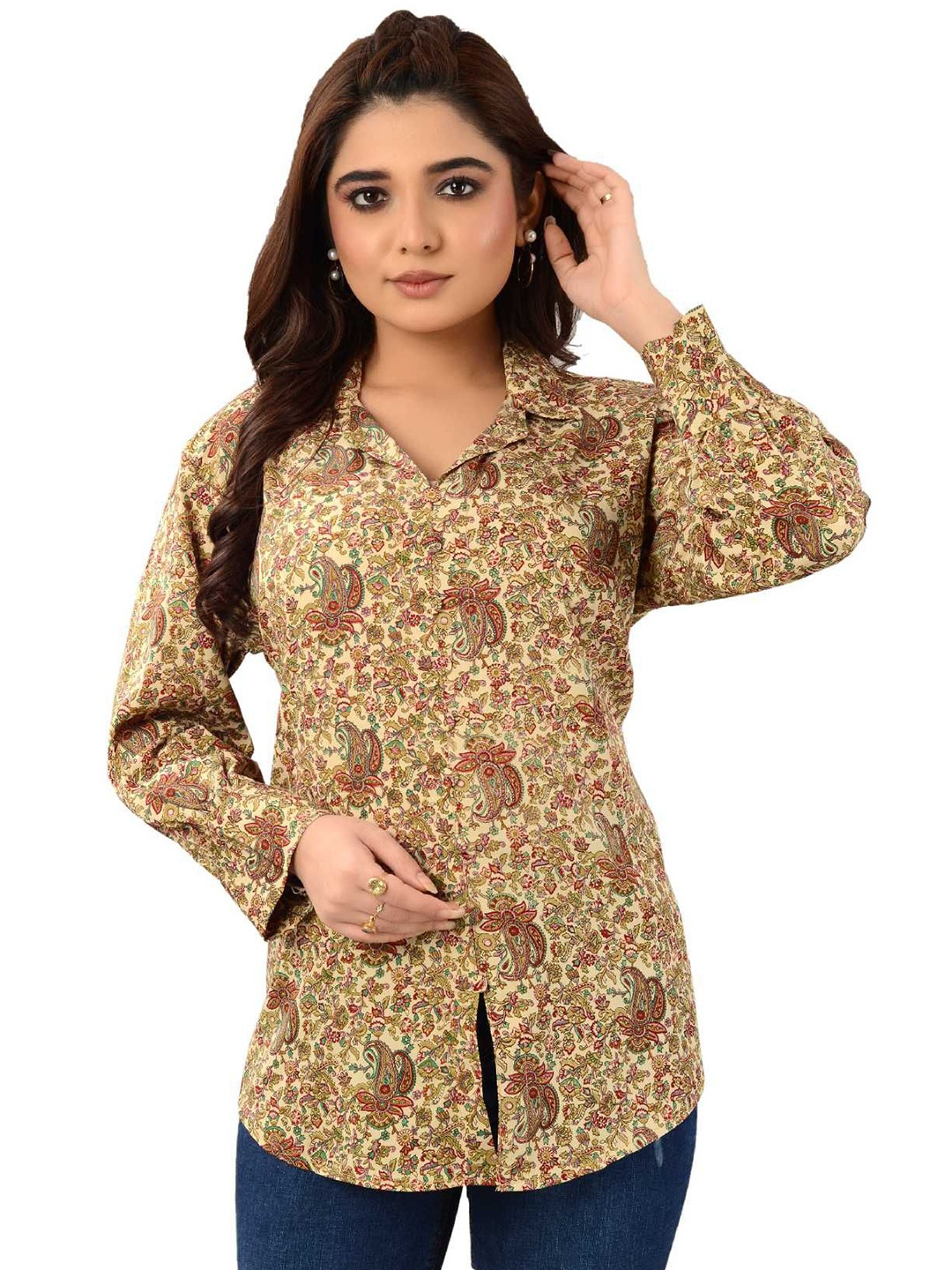 

TROMBOO Shirt Collar Printed Tunic, Beige