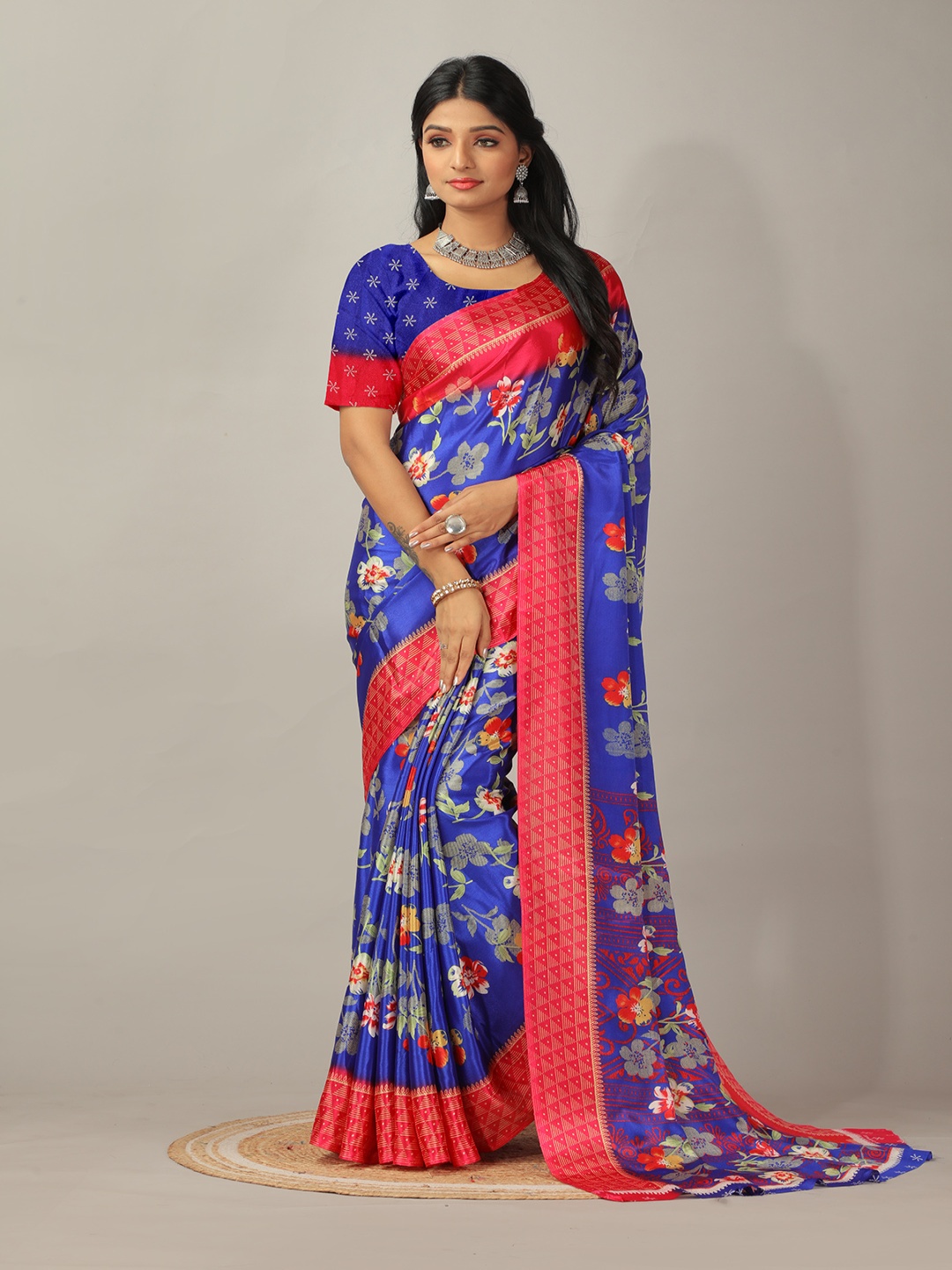 

A.V.M. SILK MILLS Floral Printed Pure Crepe Saree, Blue