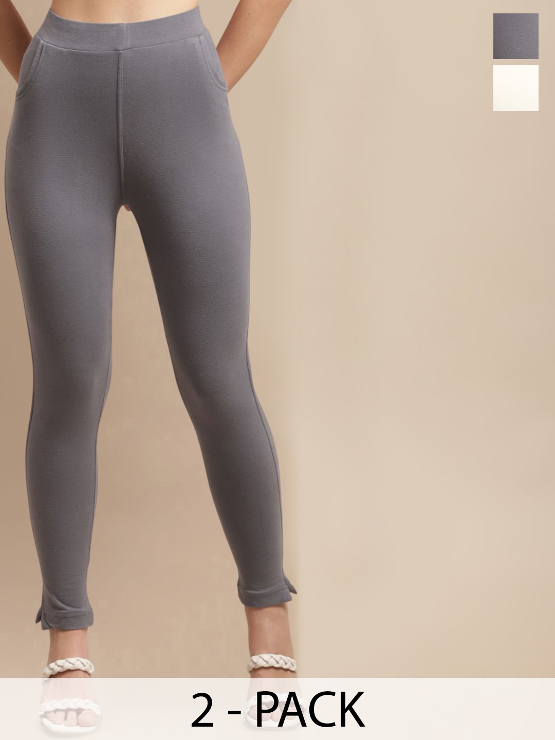 

Valles365 by S.C. Plus Size Women Pack Of 2 Ankle Length Cotton Leggings with Pocket, Grey