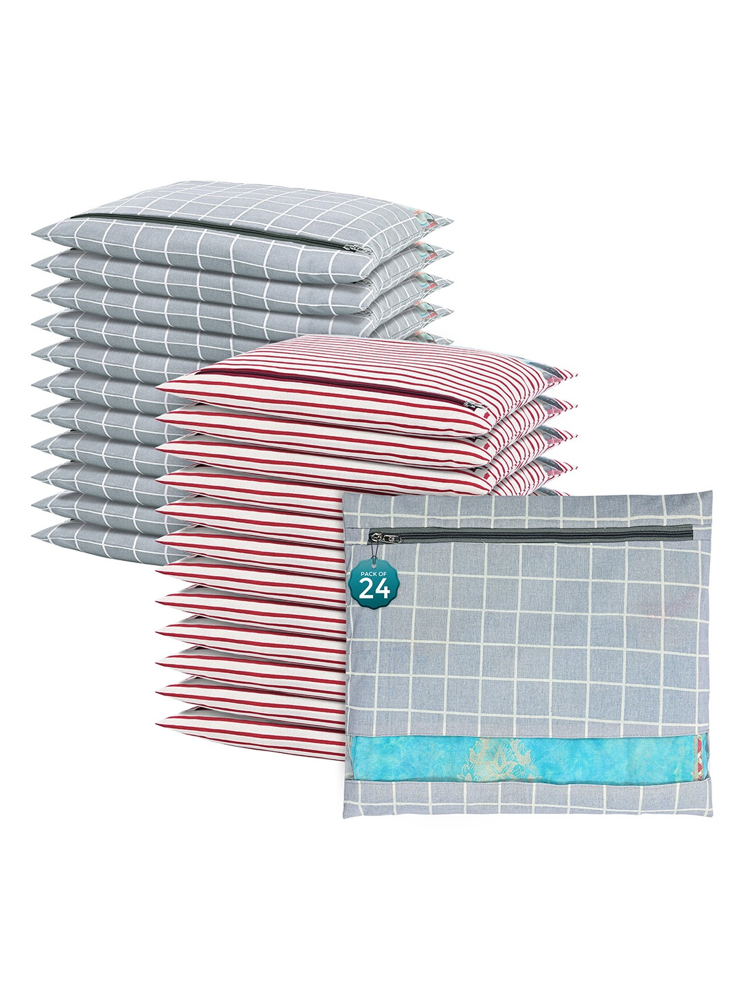 

Kuber Industries Grey & White 24 Pieces Checked Mesh Cotton Saree Covers Organizers