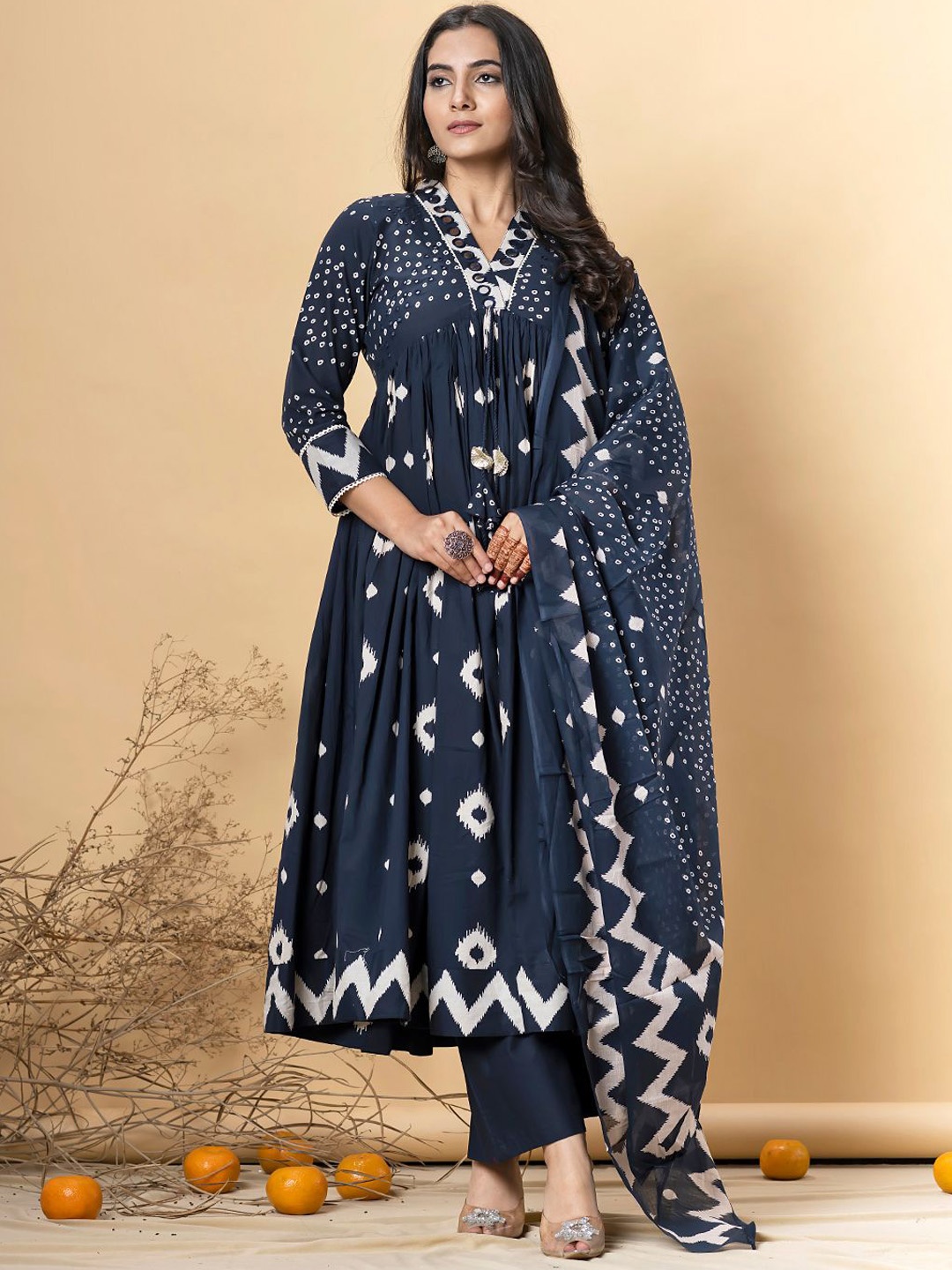 

Readiprint Fashions Bandhani Printed Pure Cotton Kurta With Palazzos And Dupatta, Navy blue