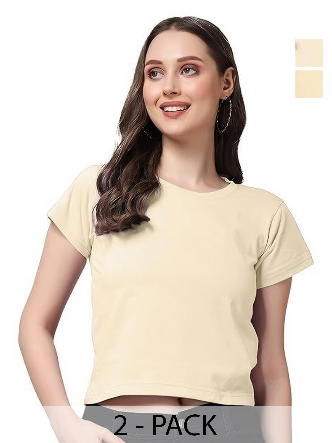 

NOTWILD Women Pack Of 2 Solid Cotton Crop T-shirts, Beige