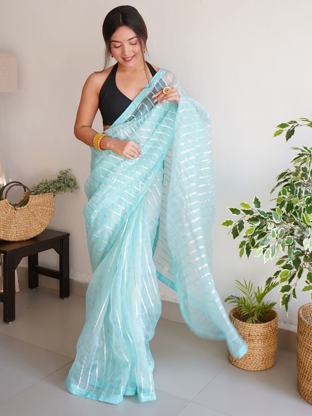 

ODETTE Striped Embroidered Organza Saree, Blue