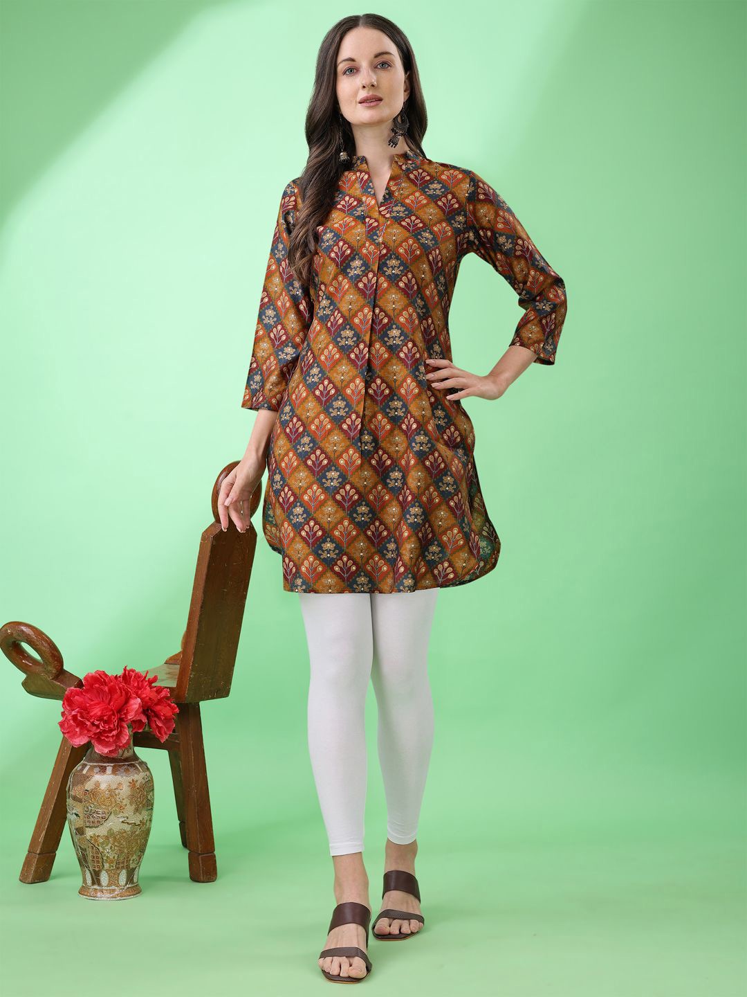 

Tikhi Imli Women Ethnic Motifs Printed Mandarin Collar Kurti, Yellow