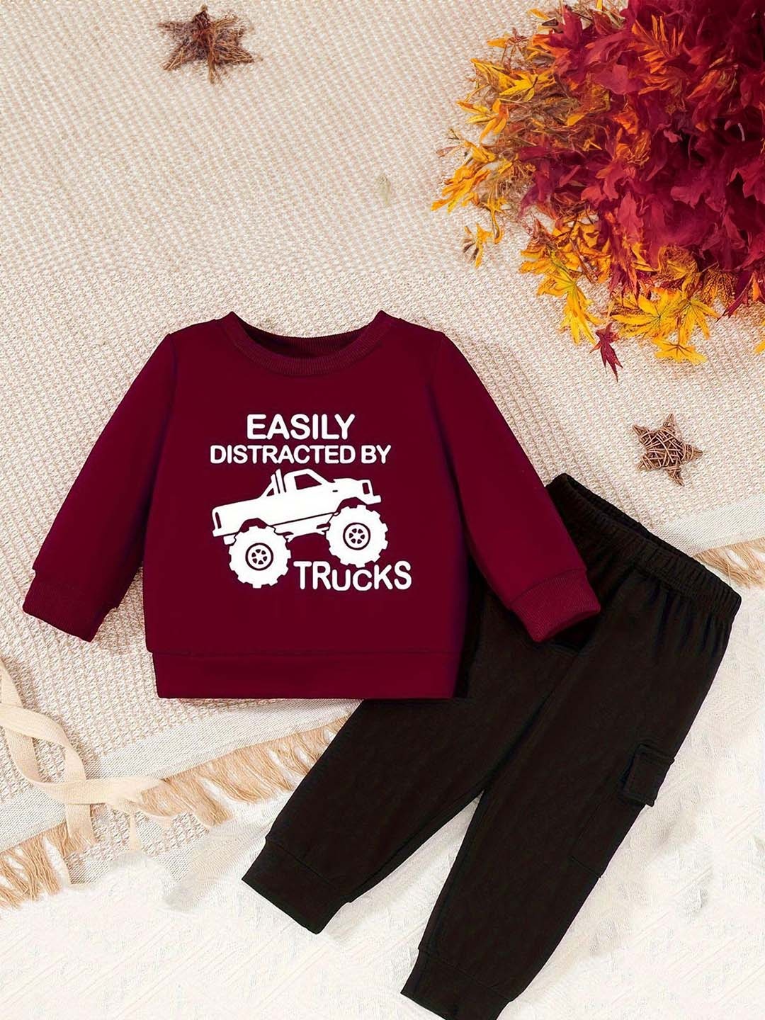 

BILLYBALL Kids Printed Round Neck Pure Cotton Sweatshirt With Jogger, Maroon