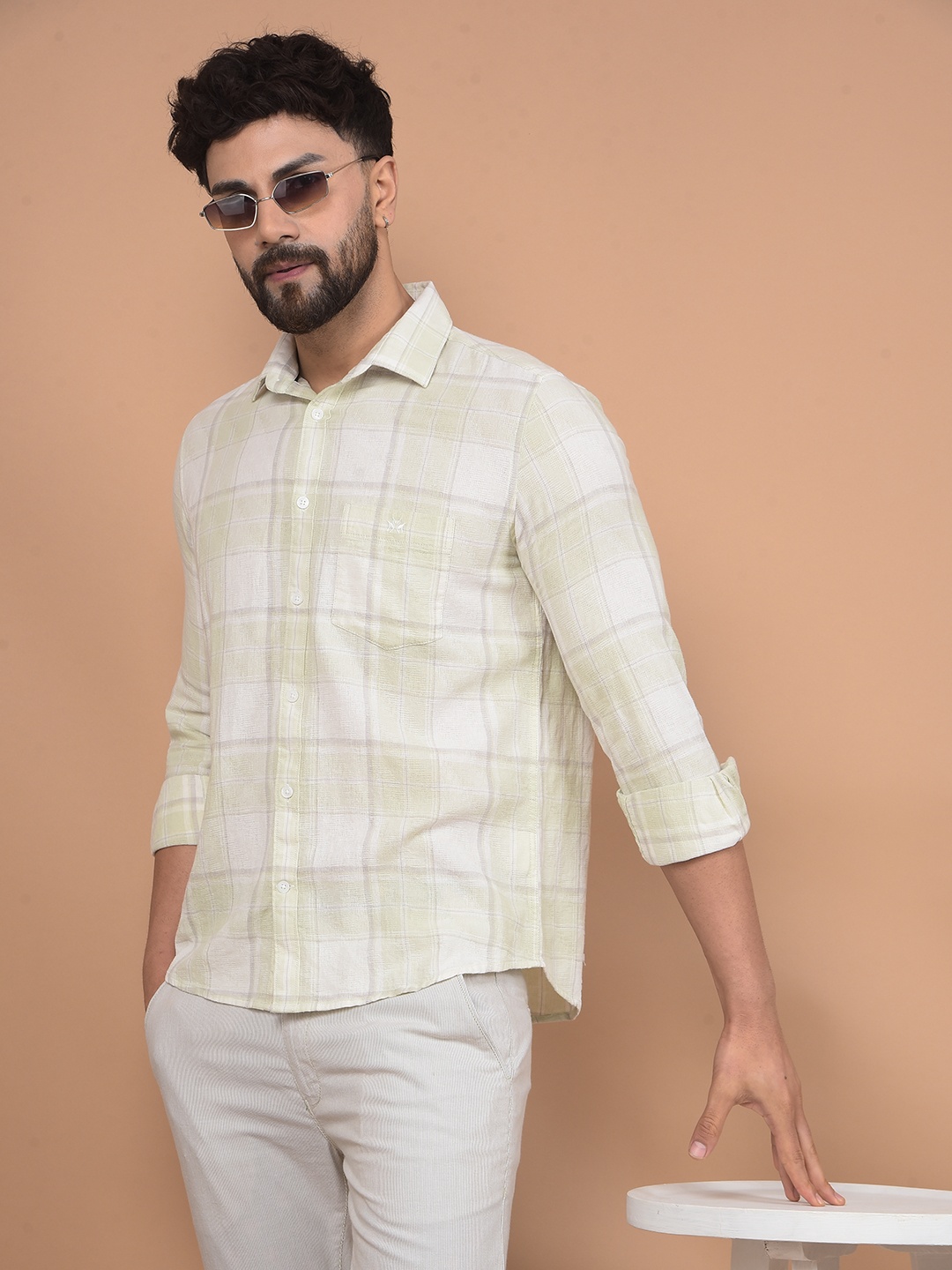 

Crimsoune Club Men Premium Slim Fit Spread Collar Windowpane Checked Cotton Casual Shirt, Green