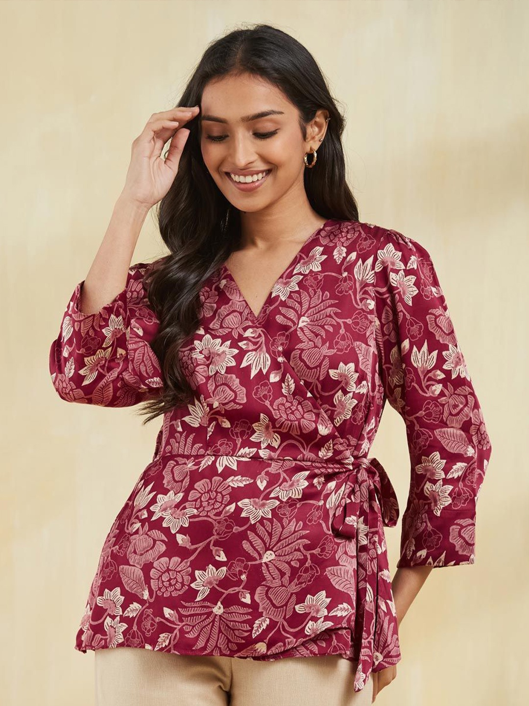 

Fabindia Women Floral Printed Wrap Longline Top, Red