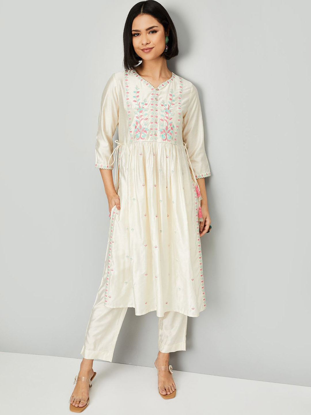 

max Floral Embroidered Pleated Thread Work Kurta With Trousers, Beige