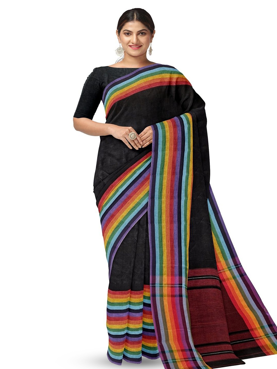 

BALARAM SAHA Striped Handloom Pure Cotton Saree, Black