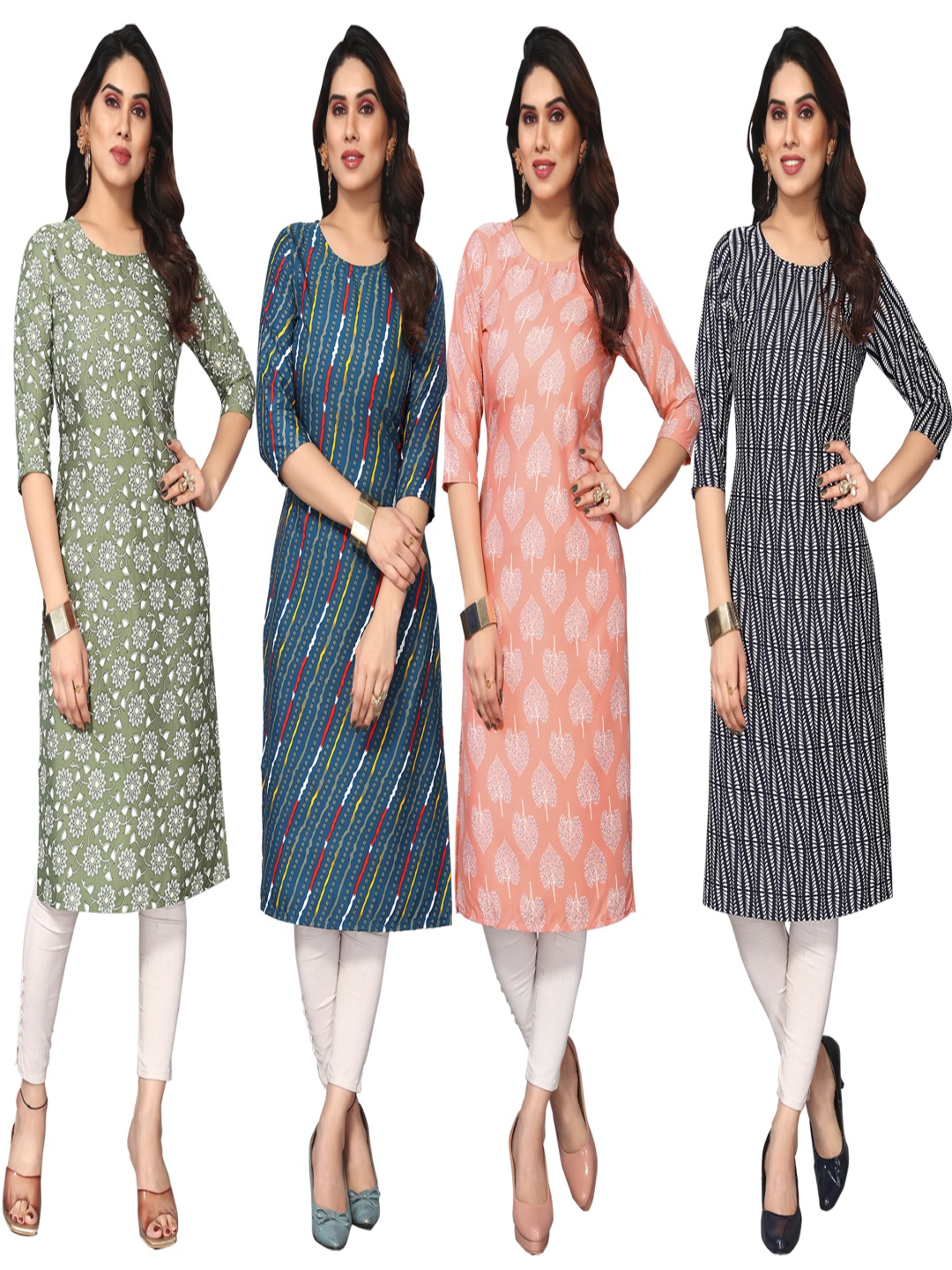 

KETAKI FASHION Selection Of 4 Floral Printed Round Neck Straight Kurtas, Green