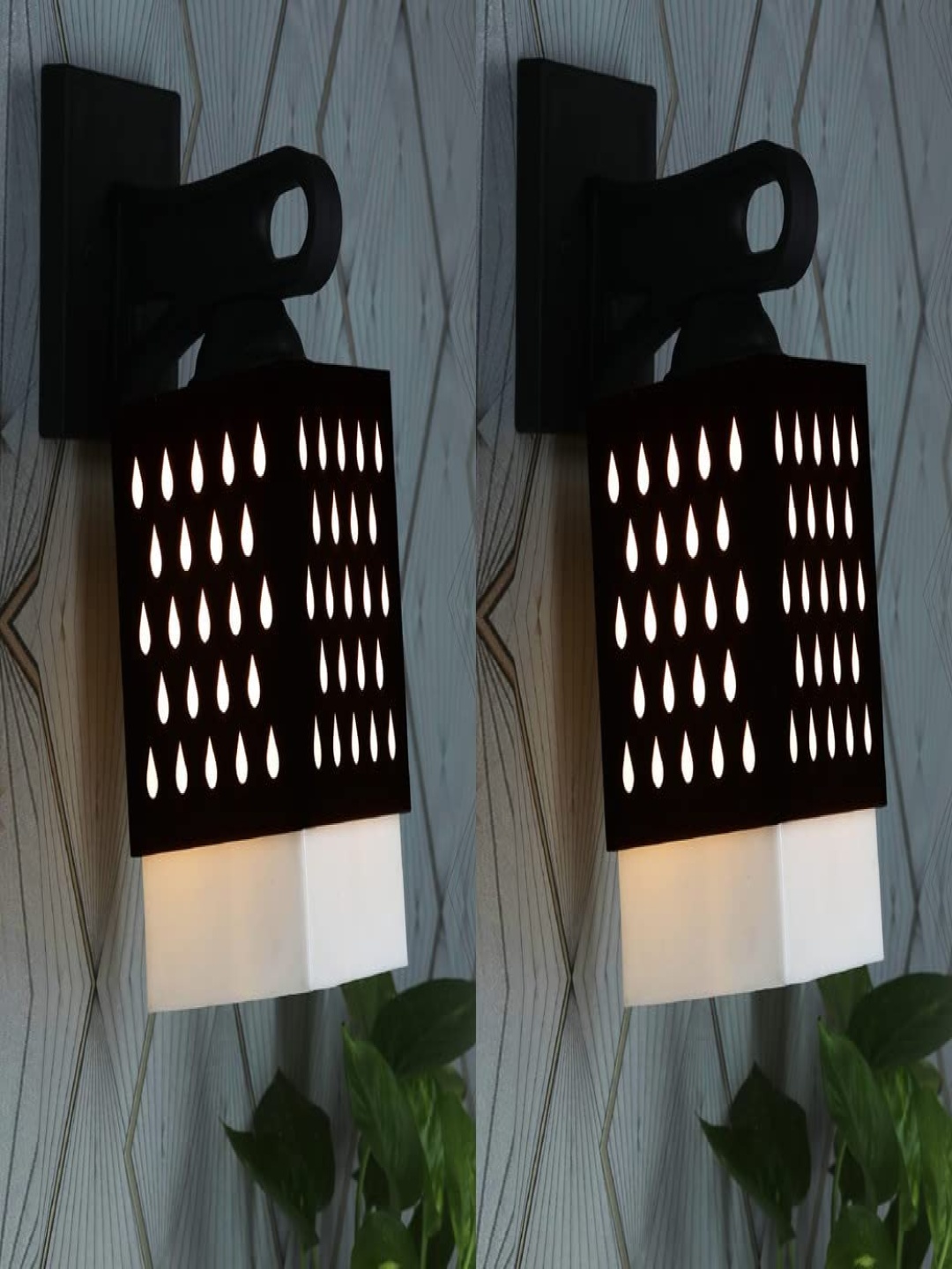 

Gojeeva Black & White 2 Pieces Textured Wooden Rectangle Shaped Wall Lamps