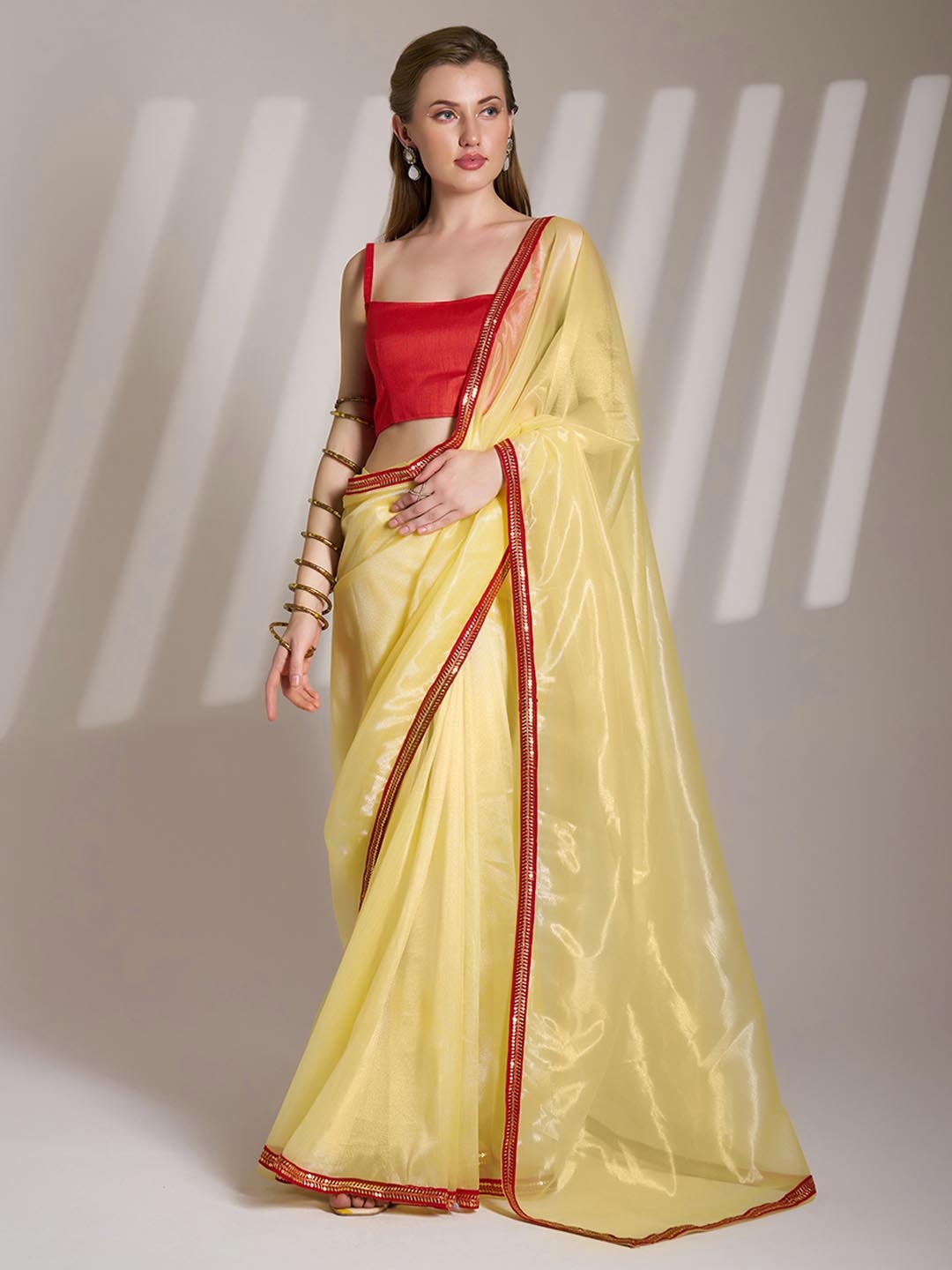 

Mitera Striped Sequinned Organza Saree, Yellow