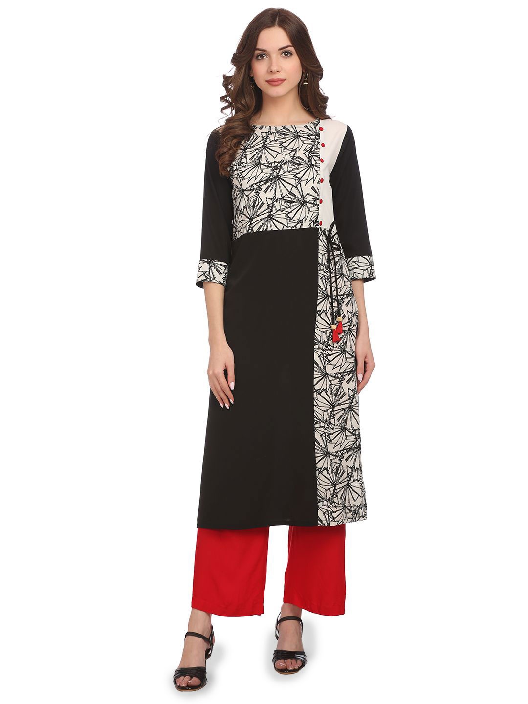 

VEGAL Geometric Printed Round Neck Straight Kurta, Black