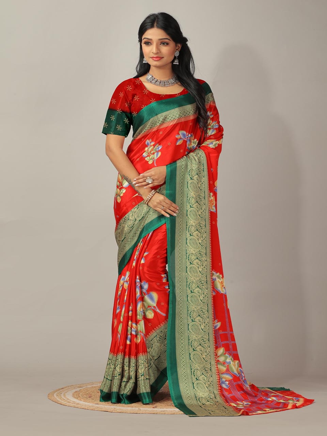 

NIRMAL CREATION Floral Printed Woven Design Pure Crepe Saree, Red