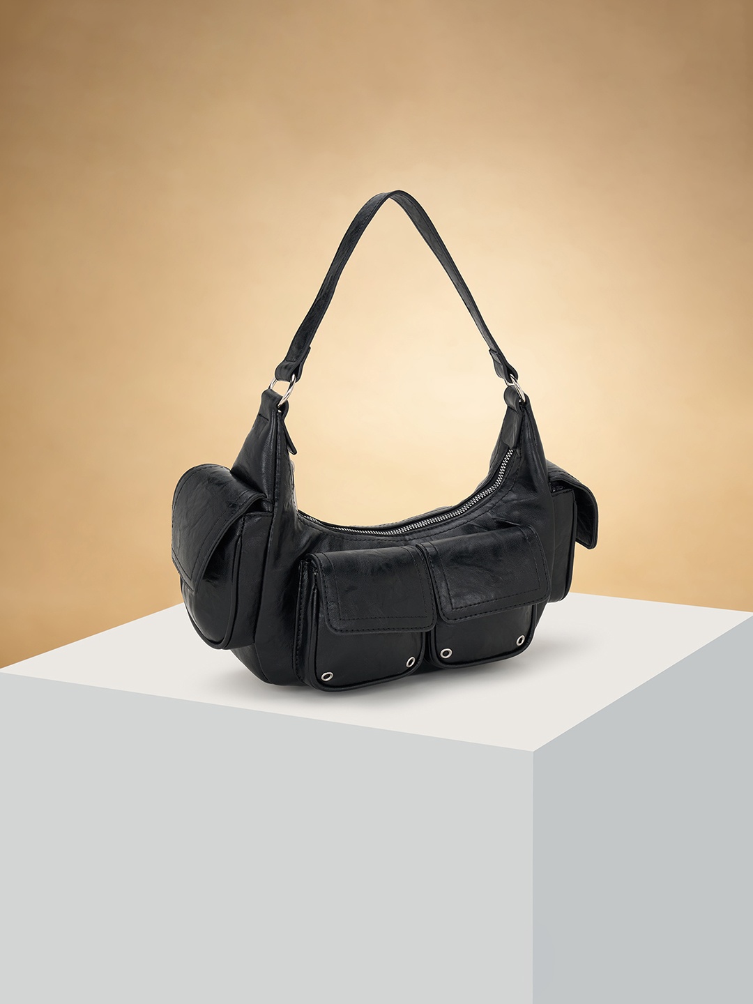

Forever Glam by Pantaloons Women Textured Structured Shoulder Bag, Black