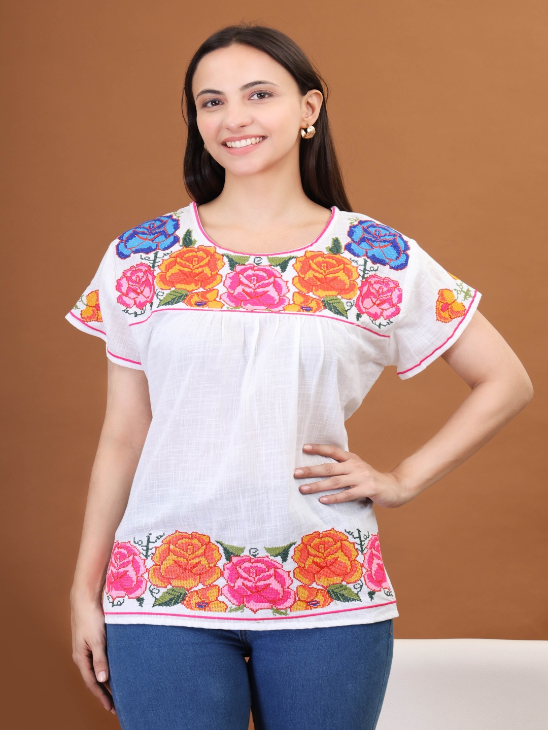 

Moda Rapido Floral Embroidered Flared Sleeves Pure Cotton Kurti, White