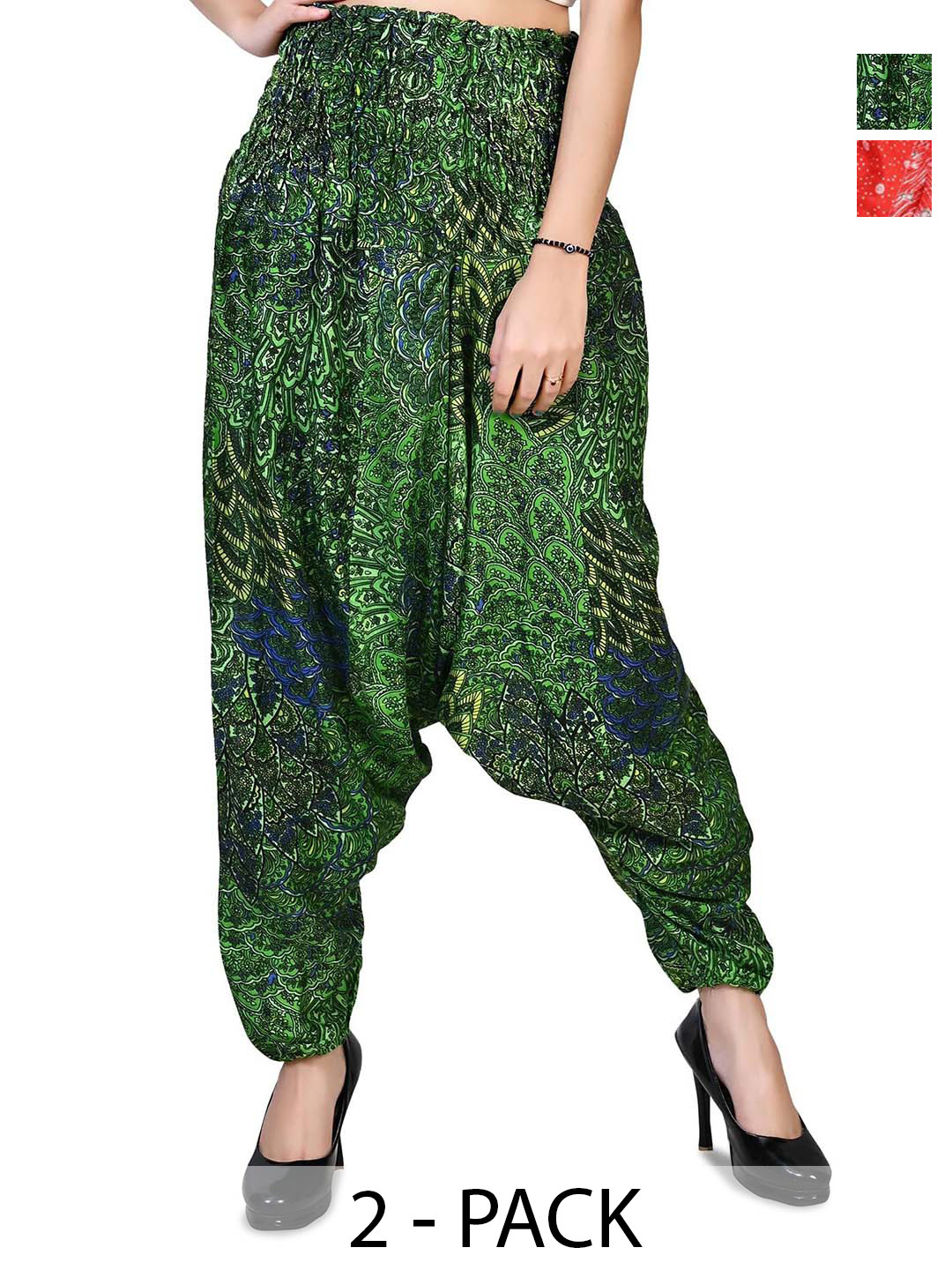 

NarNari Women Pack of 2 Printed High-Rise Harem Pants, Green