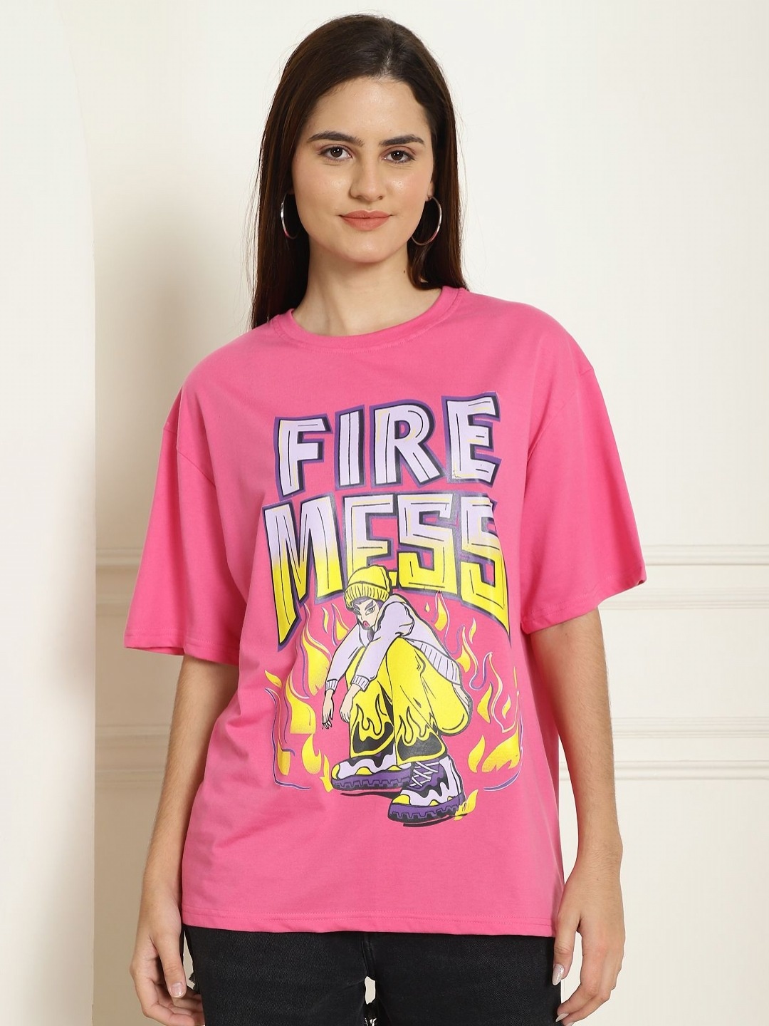 

Dreambe Women Typography Printed Fusion Applique T-shirt, Pink