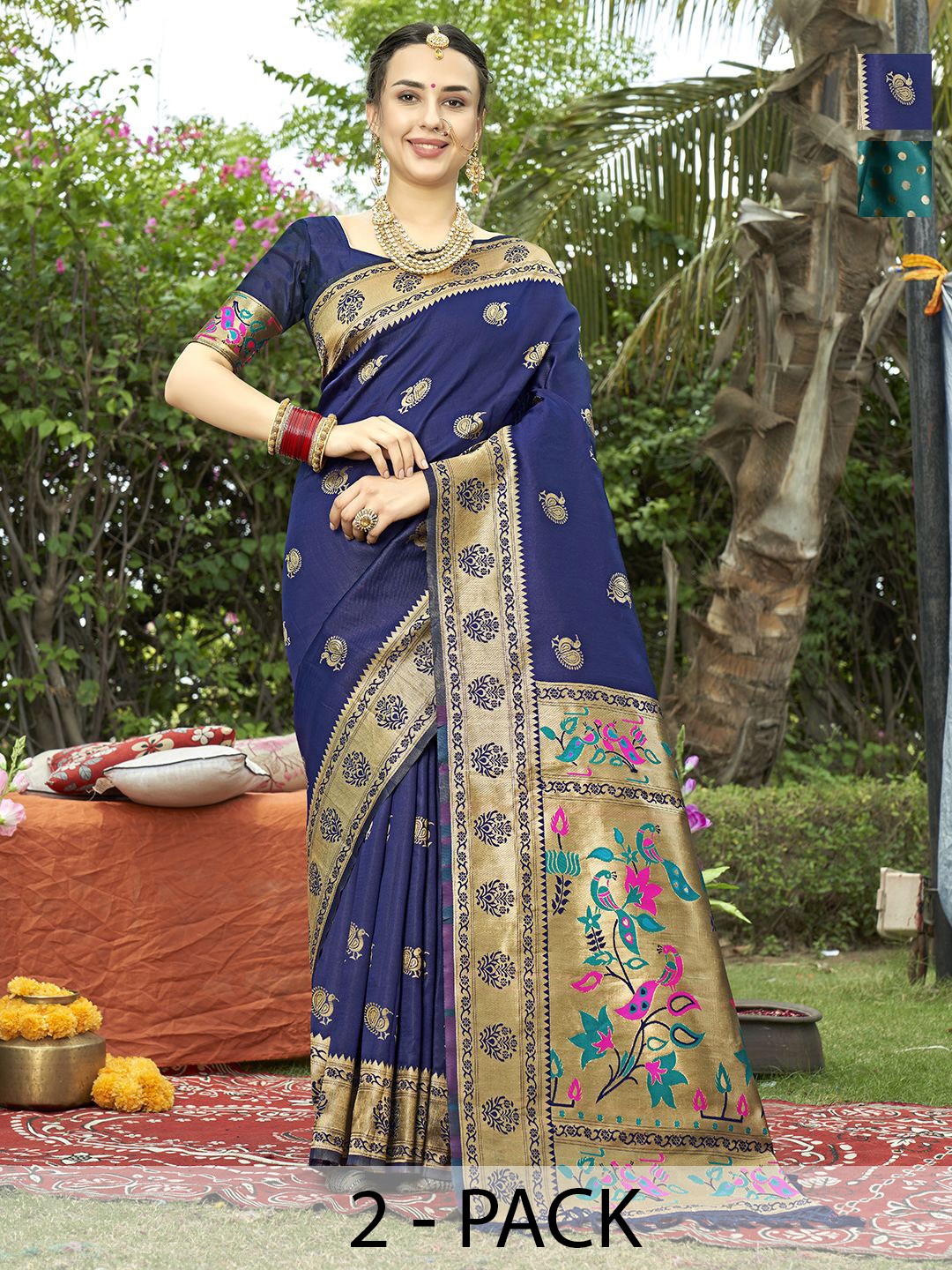 

Anouk Rustic Pack Of 2 Woven Design Zari Paithani Saree, Navy blue