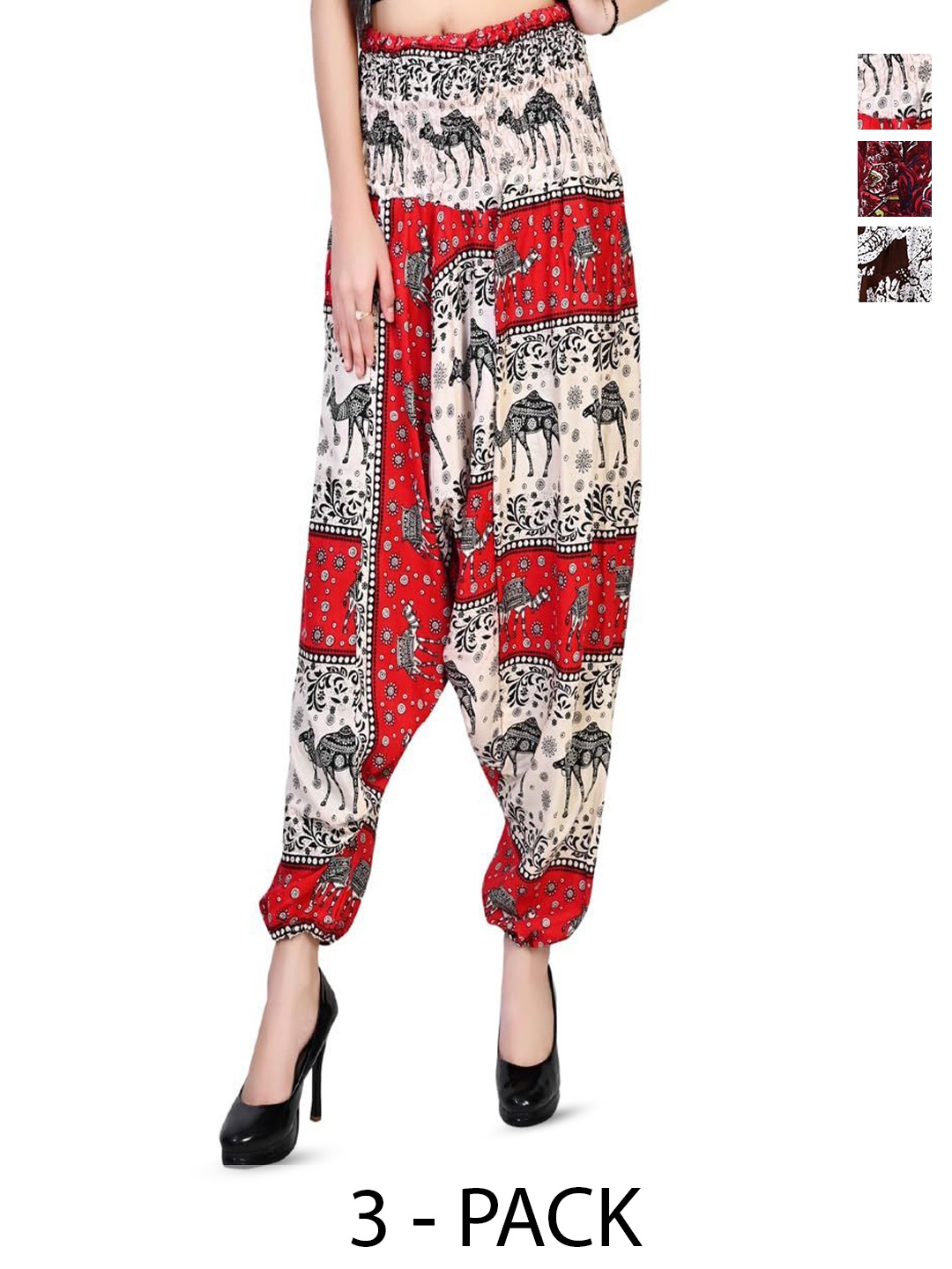

NarNari Women Pack Of 3 Printed Harem Pants, Red