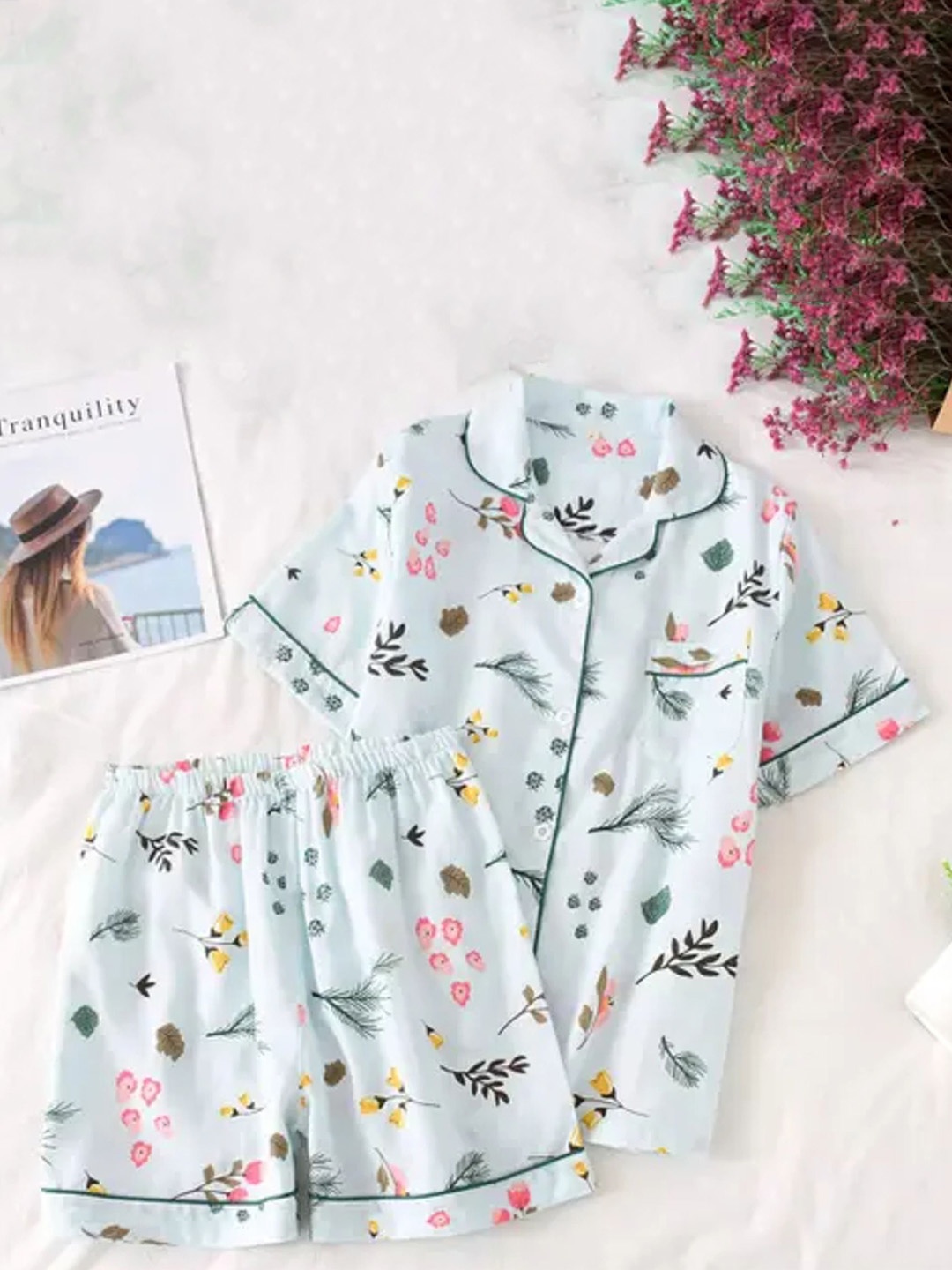 

SHINE N SHOW Women Floral Printed Lapel Collar Night suit, Blue