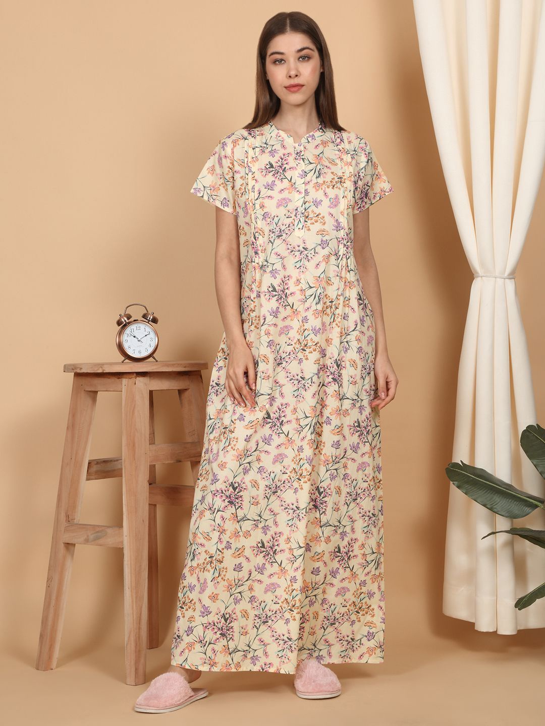 

Sweet Dreams Women Printed Pure Cotton Maxi Nightdress, Cream