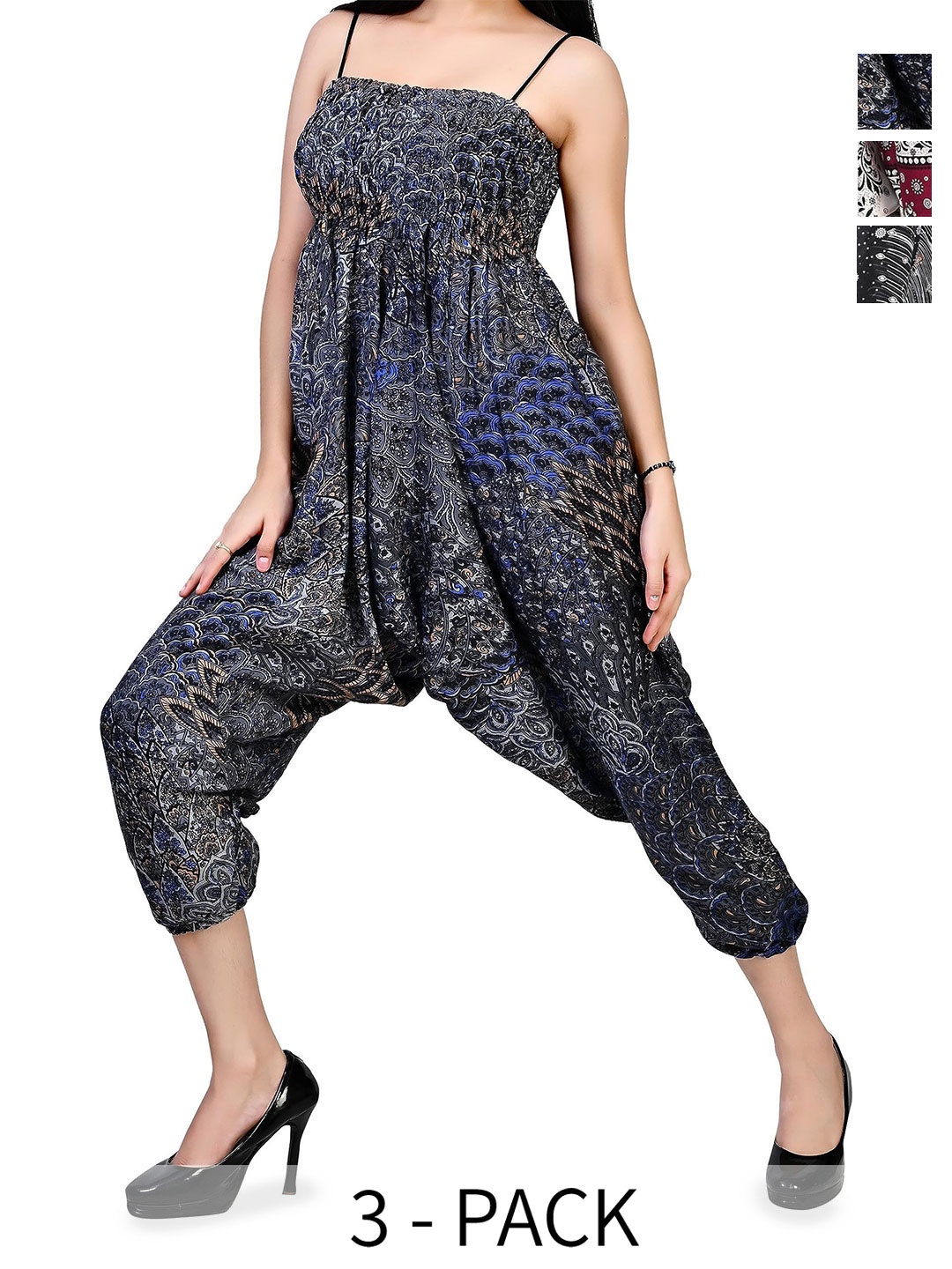 

NarNari Women Pack Of 3 Printed Mid-Rise Harem Pants, Black