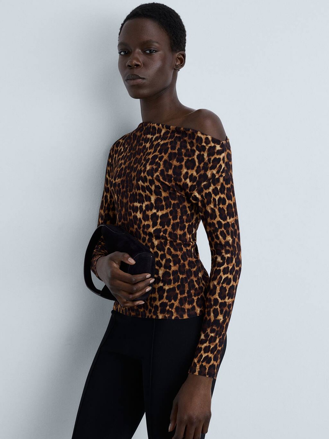 

MANGO Animal Print One Shoulder Top, Brown