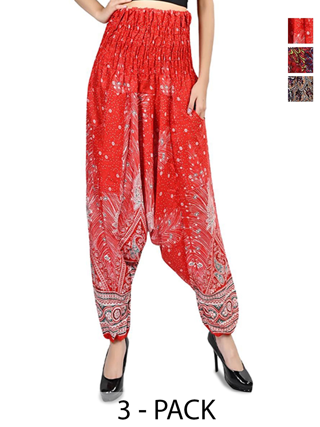 

NarNari Women Pack Of 3 Printed Harem Pants, Red