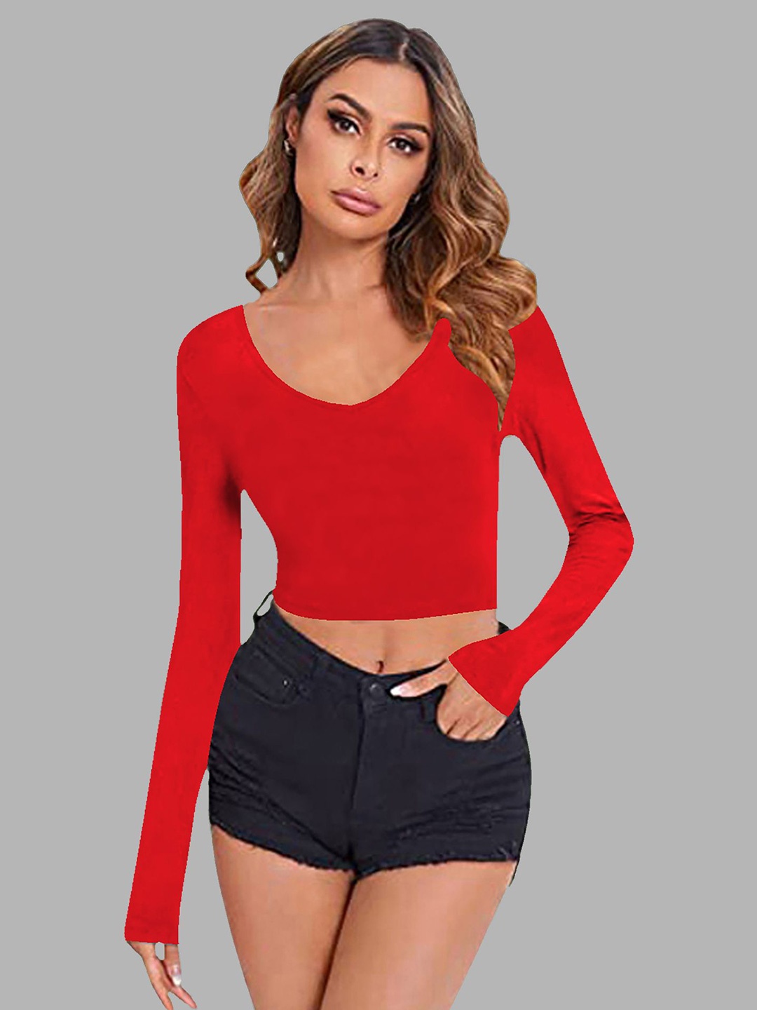 

Dream Beauty Fashion Women V-Neck Fitted Crop Top, Red