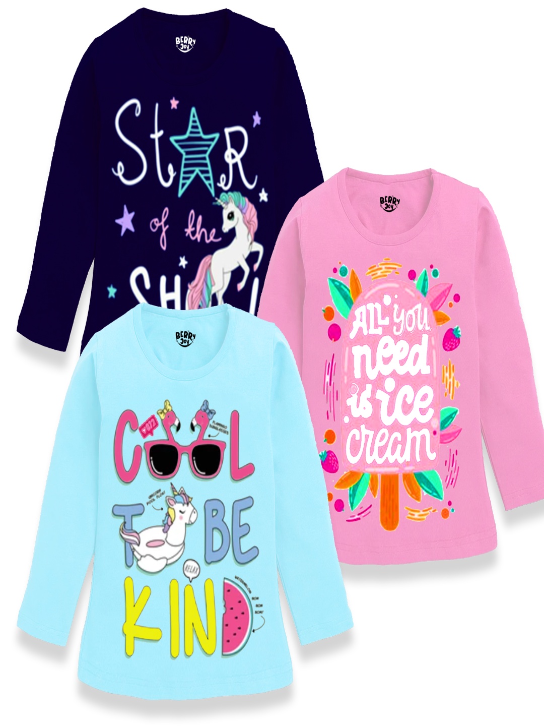 

BERRYJOY Girls Pack Of 3 Typography Printed Round Neck Cotton T-shirts, Navy blue