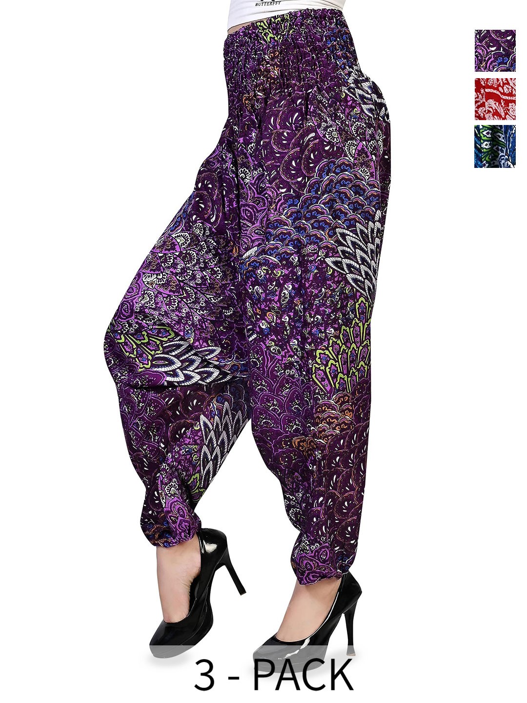

NarNari Women Pack Of 3 Printed Mid-Rise Harem Pants, Purple