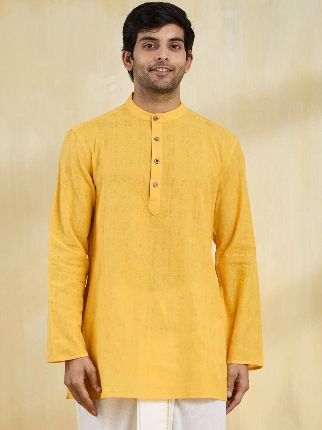 

Fabindia Men Geometric Woven Design Band Collar Cotton Straight Kurta, Yellow