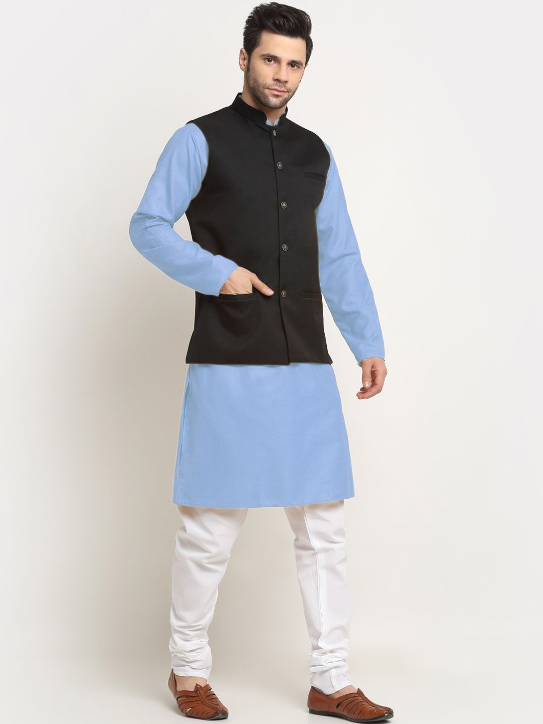 

KRAFT INDIA Mandarin Collar Straight Kurta With Pyjama And Nehru Jacket, Blue