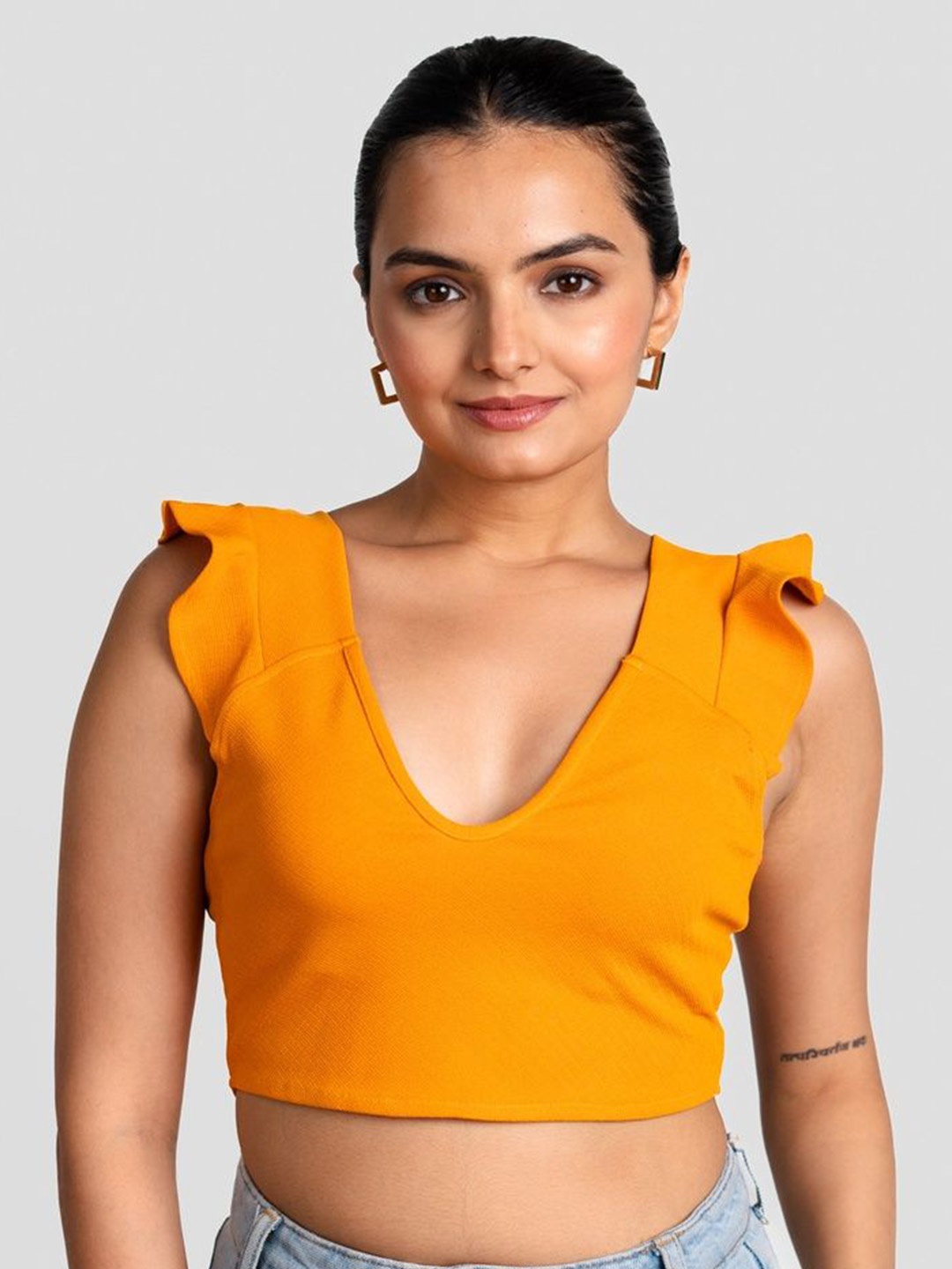

NEWINSUB Women Flutter Sleeve Fitted Crop Top, Orange
