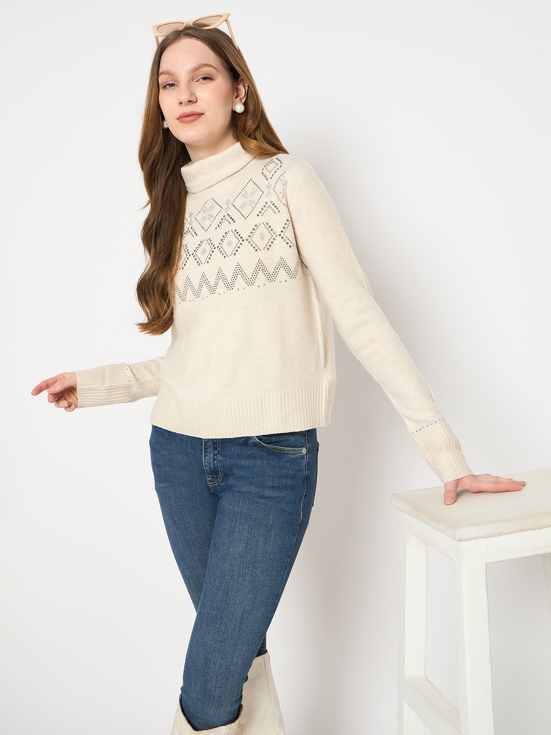 

Madame Women Self Design Pullover Sweater, Beige