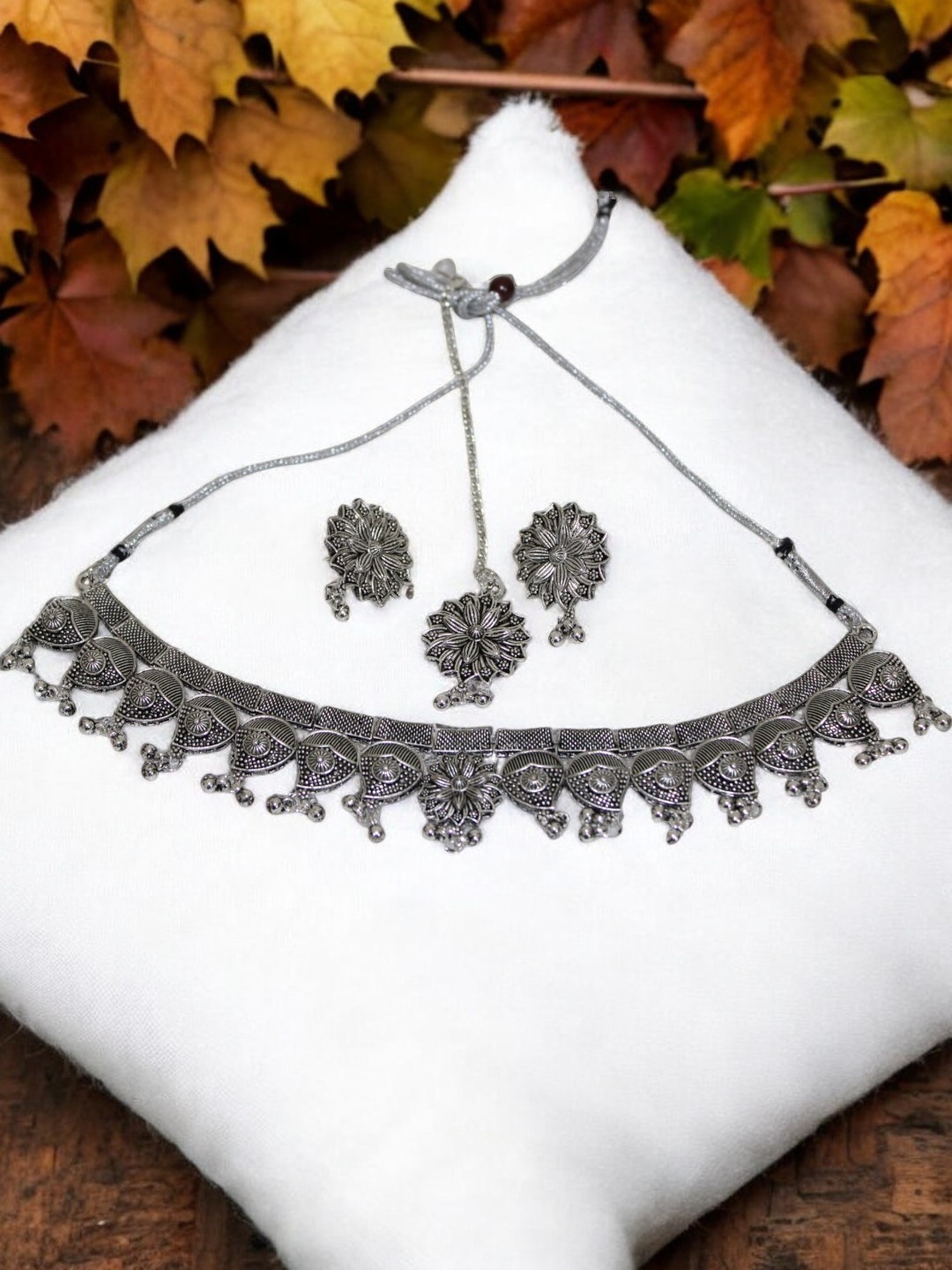 

Jolly Faces Beaded Oxidised Jewellery Set, Silver