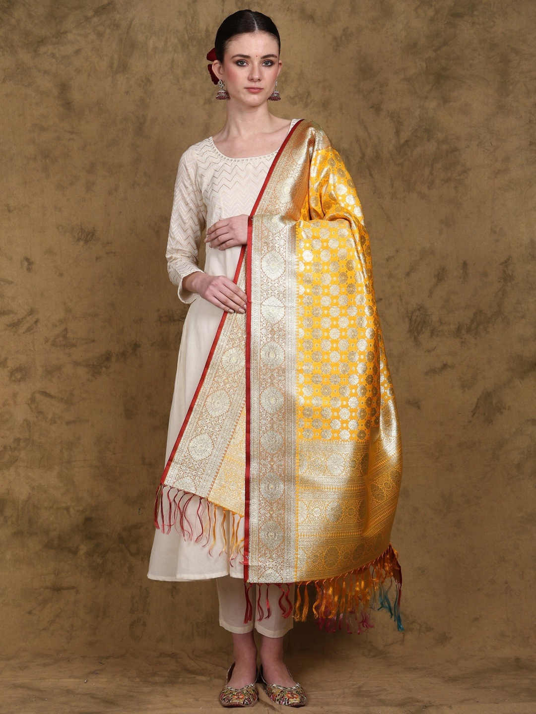 

Exotic India Floral Woven Design Dupatta With Zari, Gold