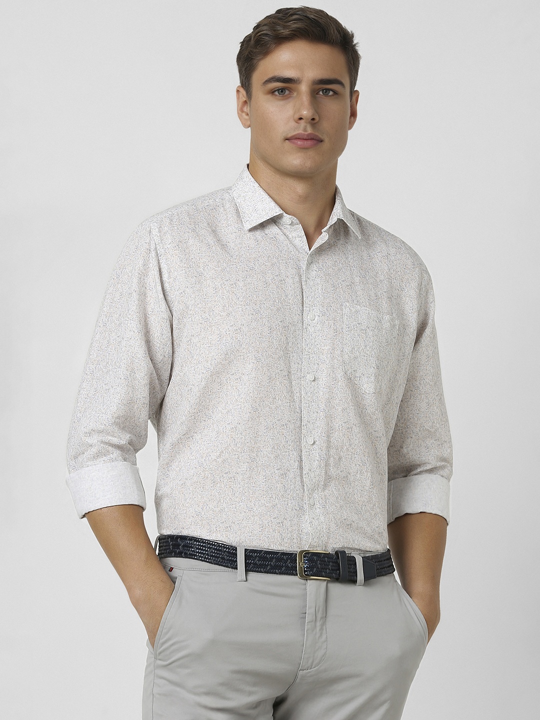 

Van Heusen Men Spread Collar Abstract Printed Linen Formal Shirt, White