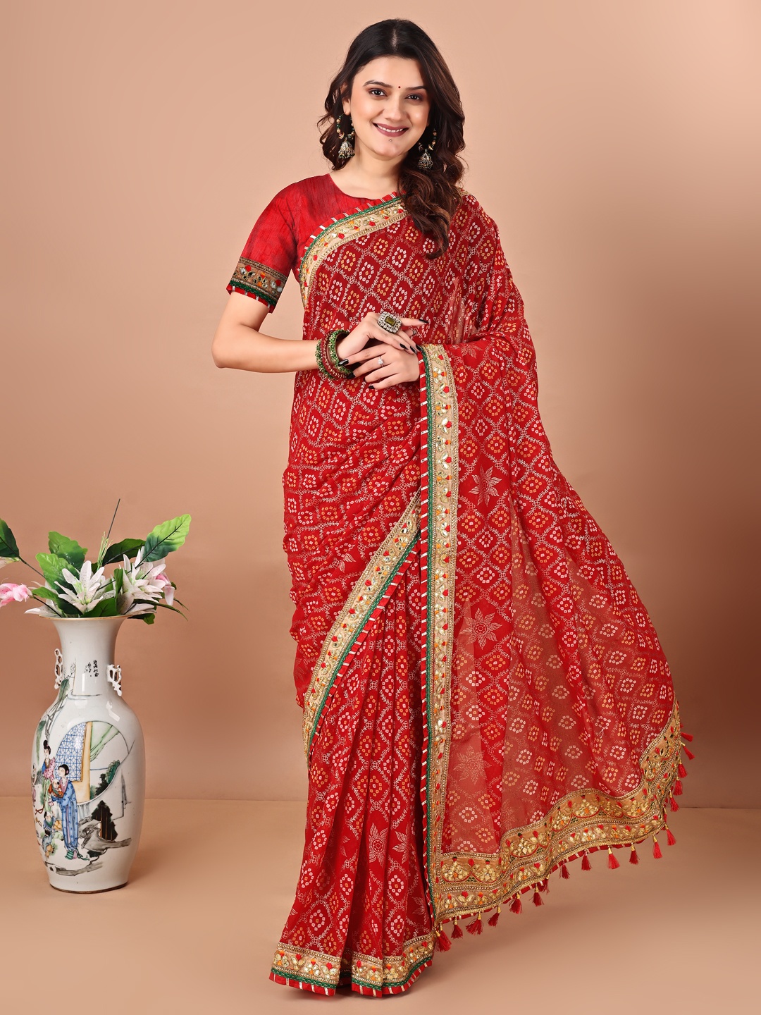 

Panzora Embroidered Bandhani Saree, Red