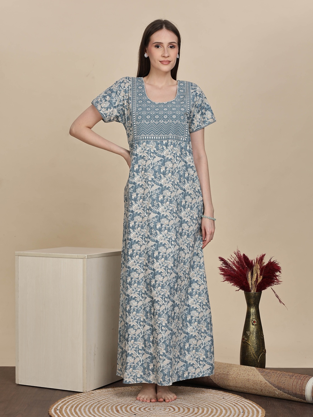 

9shines Label Women Embroidered Pure Cotton Maxi Nightdress, Blue
