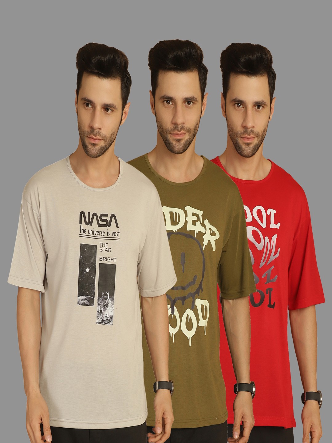 

MACK JONNEY Men Pack Of 3 Typography Printed Round Neck Cotton Relaxed Fit T-shirts, Beige