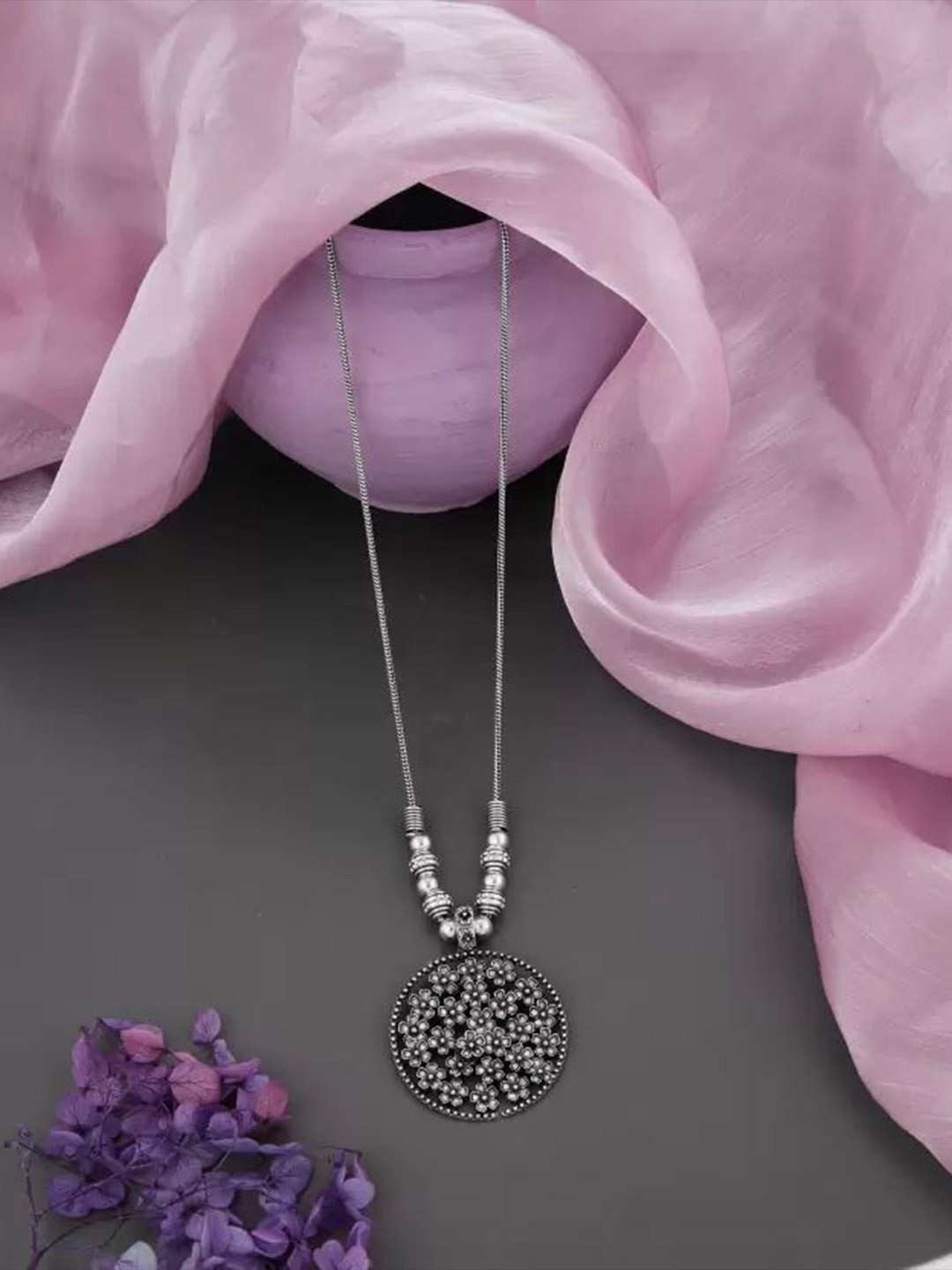 

HIGH TRENDZ Brass Silver-Plated Oxidised Necklace