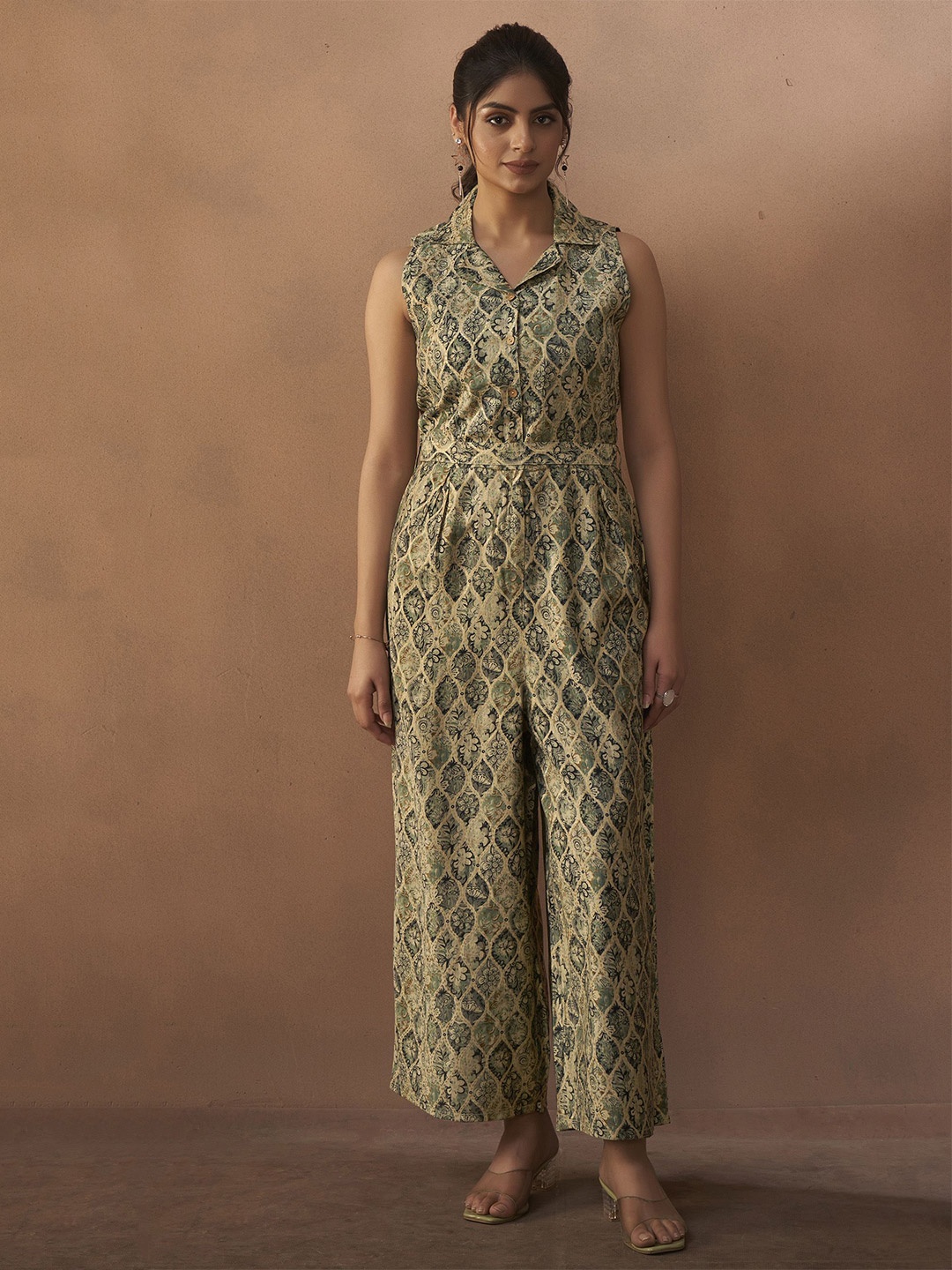 

Anouk Women Printed Lapel Collar Sleeveless Jumpsuit With Waist Tie-Ups, Green