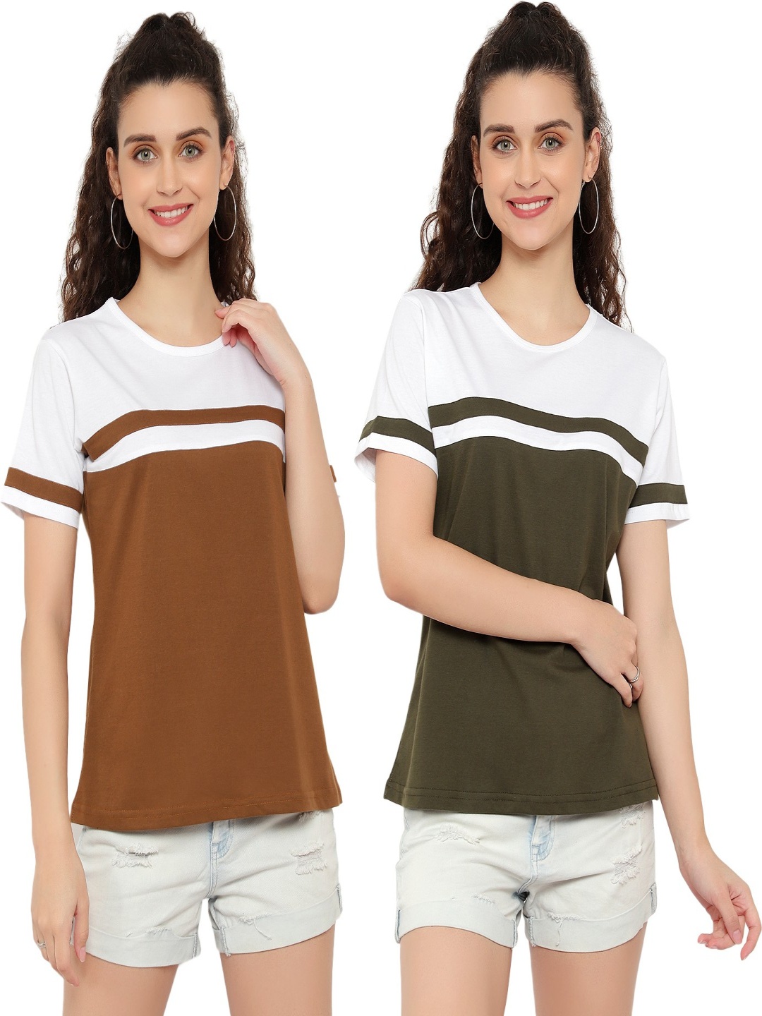 

DEEPMAYRA COLLECTION Women Pack Of 2 Colourblocked Round Neck Cotton T-shirts, Multi