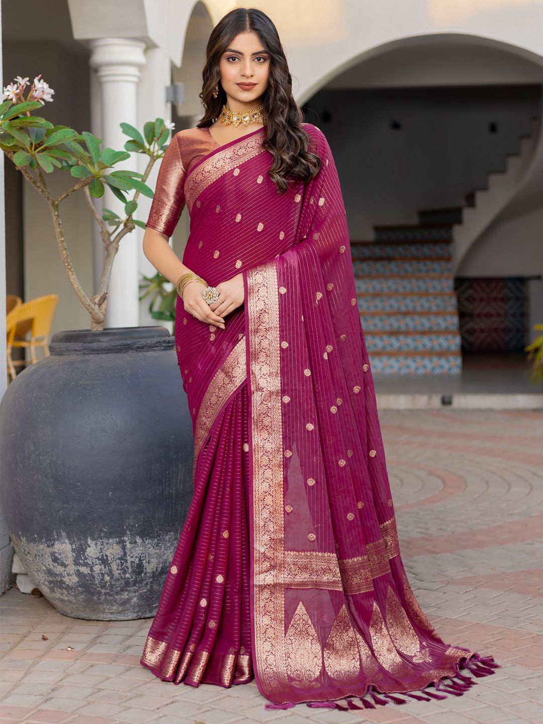 

Saree mall Woven Design Zari Poly Georgette Kanjeevaram Sarees, Purple