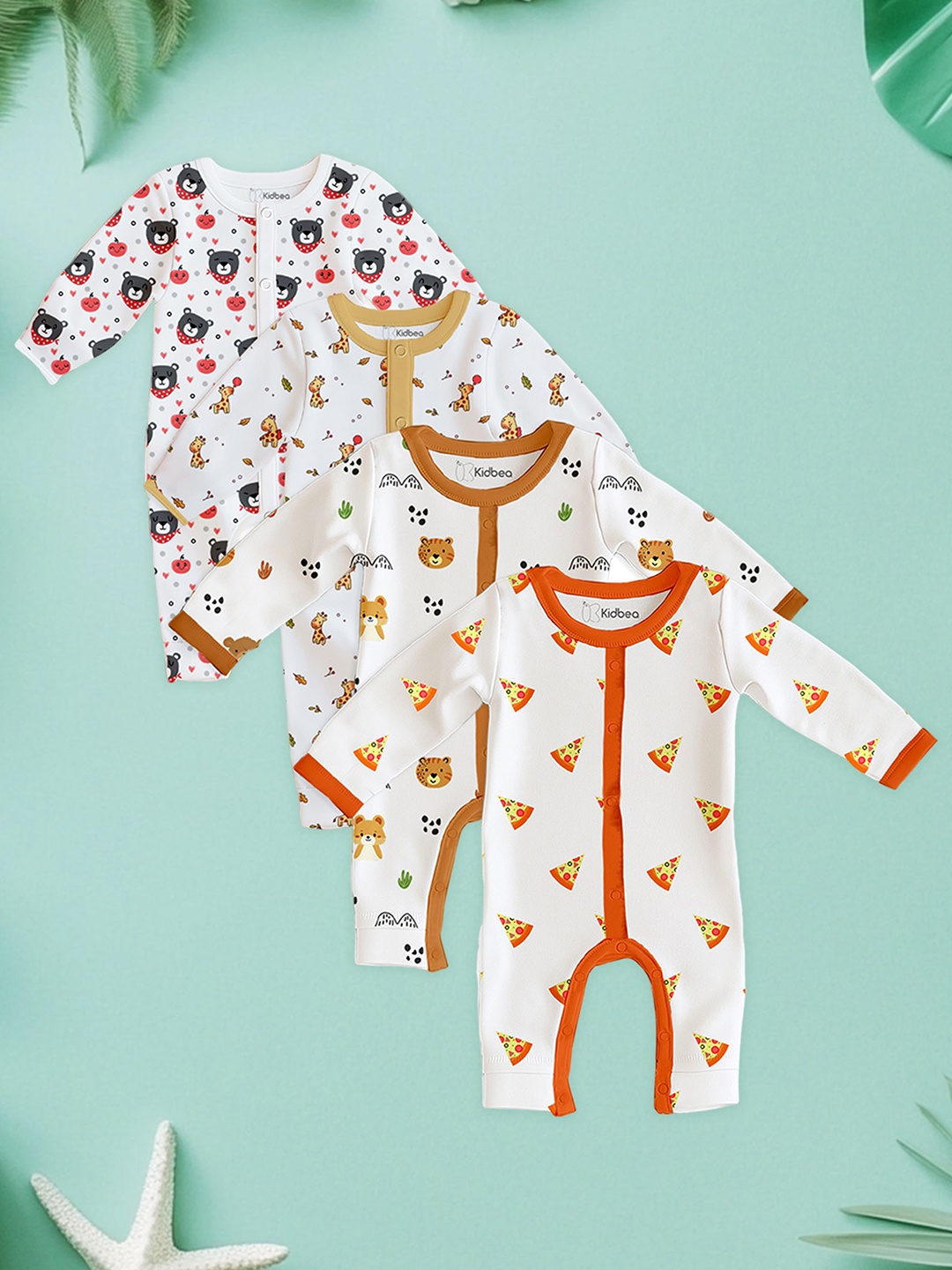 

Kidbea Infants Pack Of 4 Printed Pure Organic Cotton Rompers, Orange
